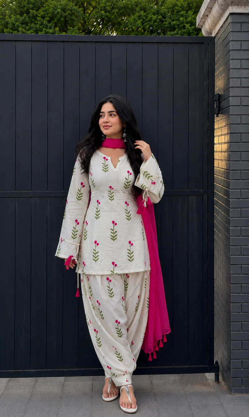Bohemian Floral Print Cotton Cambric Short Kurti Patiala Suit Set with Chanderi Dupatta – 3-Piece Back Lace-Up Co-ord Set