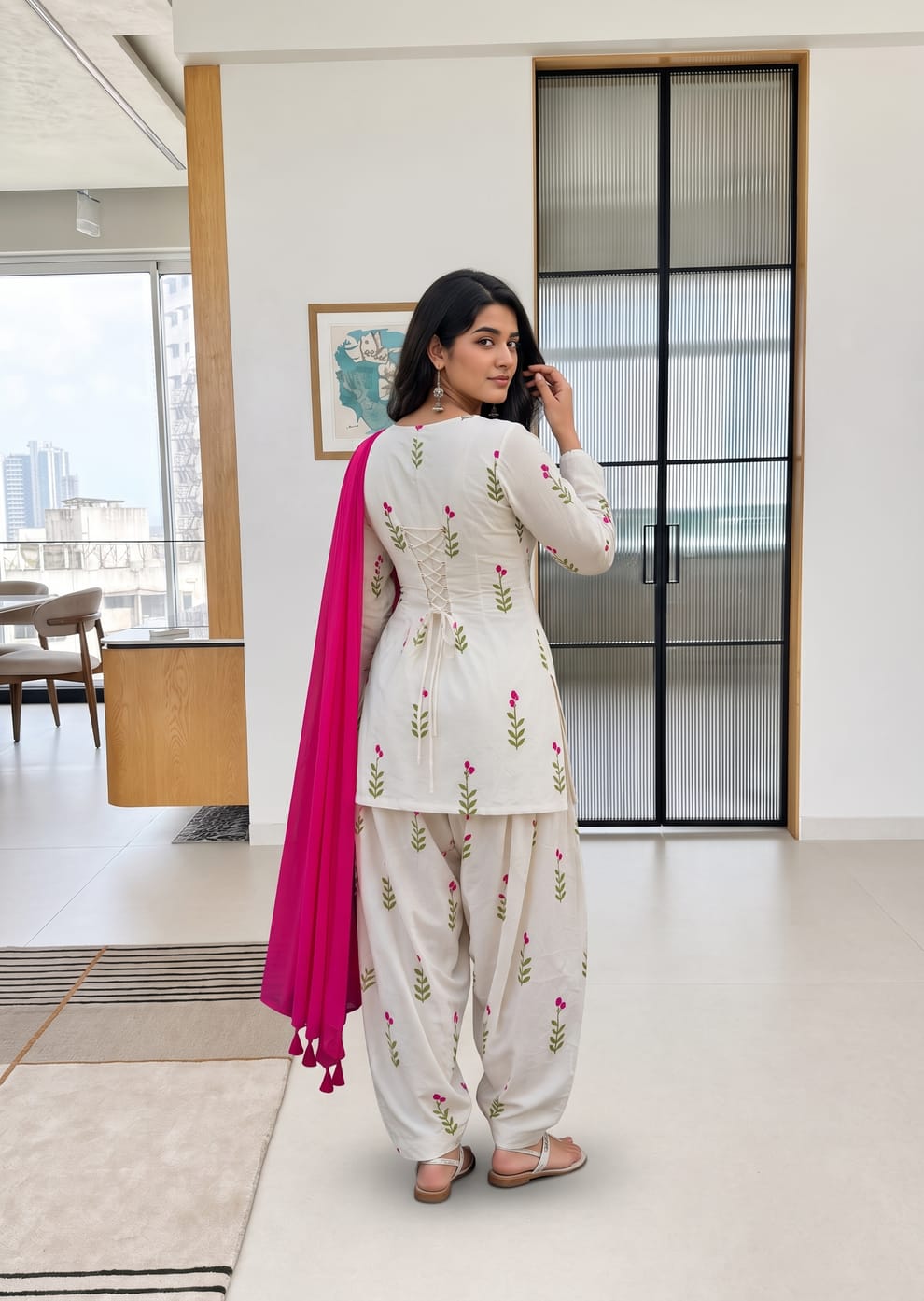 Bohemian Floral Print Cotton Cambric Short Kurti Patiala Suit Set with Chanderi Dupatta – 3-Piece Back Lace-Up Co-ord Set