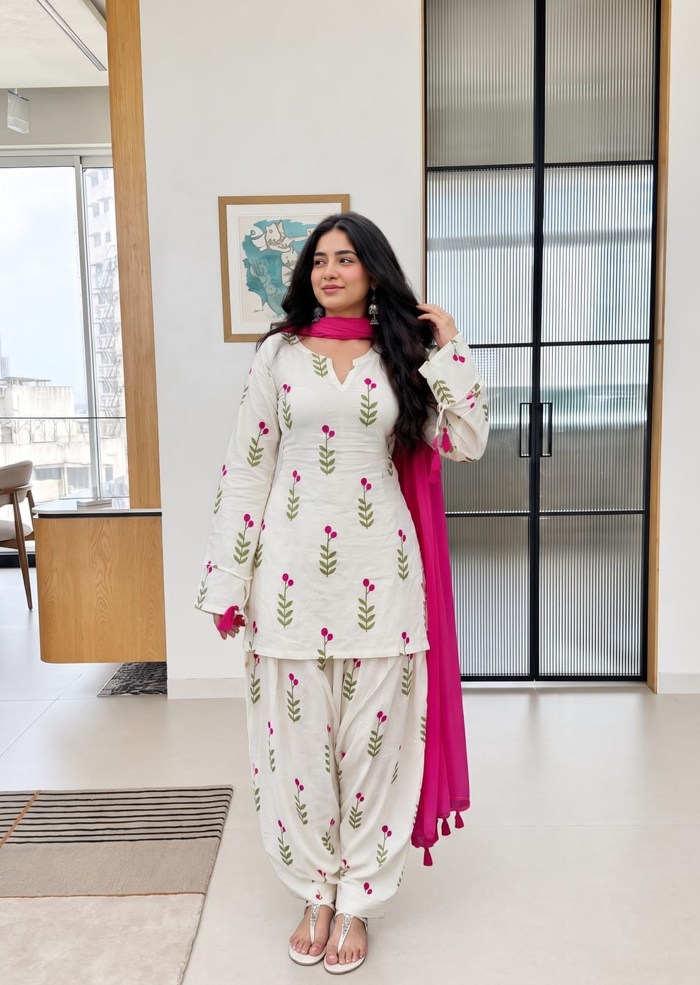Bohemian Floral Print Cotton Cambric Short Kurti Patiala Suit Set with Chanderi Dupatta – 3-Piece Back Lace-Up Co-ord Set