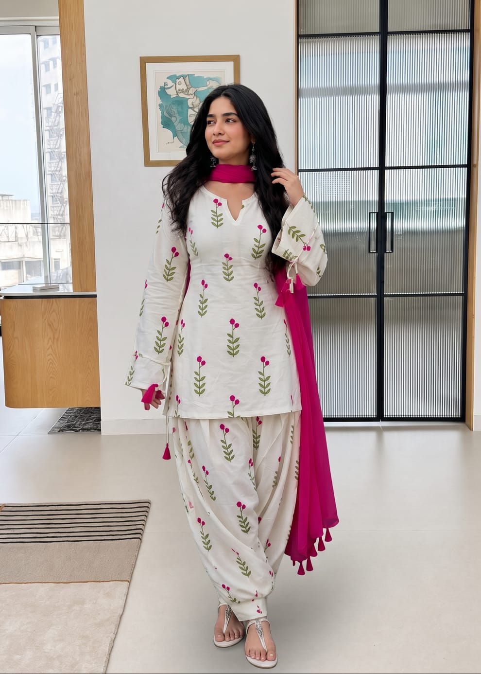 Bohemian Floral Print Cotton Cambric Short Kurti Patiala Suit Set with Chanderi Dupatta – 3-Piece Back Lace-Up Co-ord Set