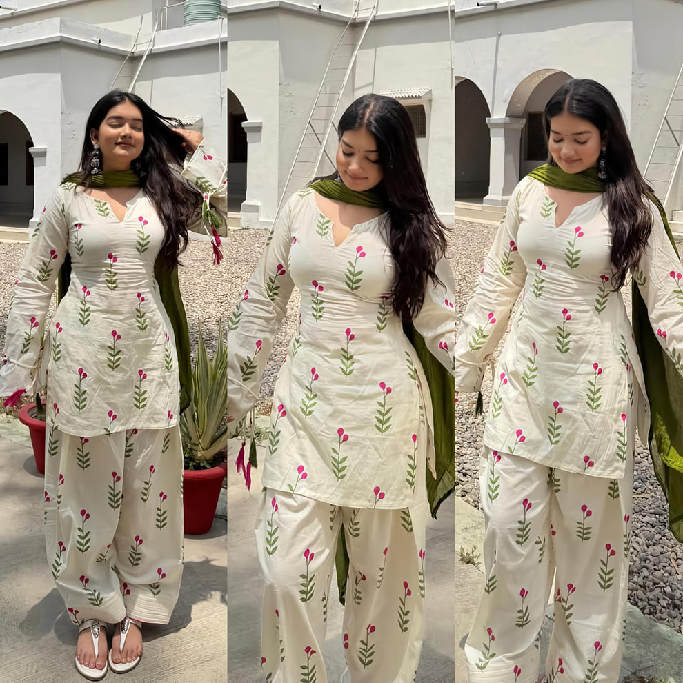 Off-White & Olive Green Floral Cotton Cambric Short Kurti Patiala Suit Set – 3-Piece Back Lace-Up Co-ord