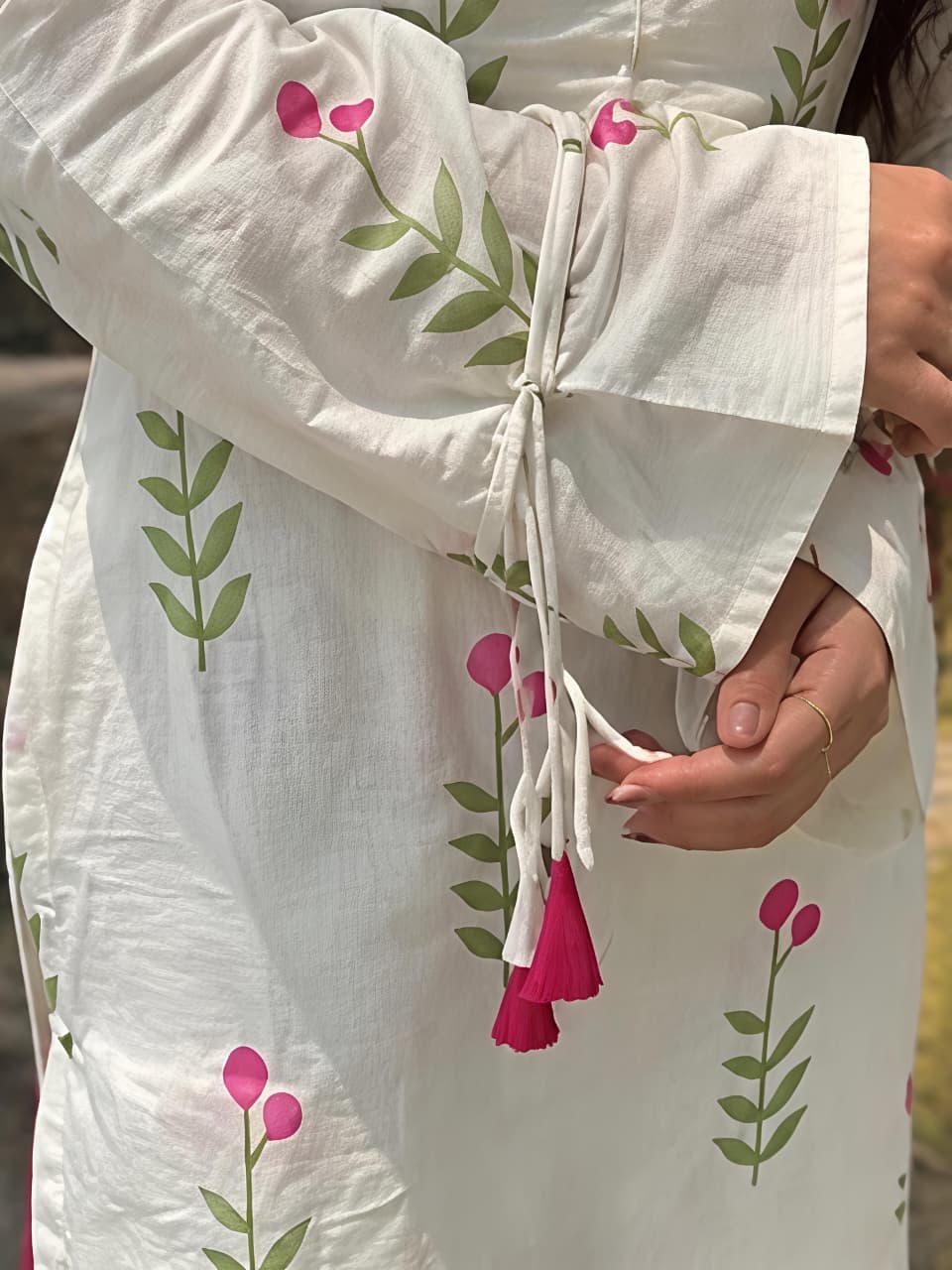 Off-White & Olive Green Floral Cotton Cambric Short Kurti Patiala Suit Set – 3-Piece Back Lace-Up Co-ord