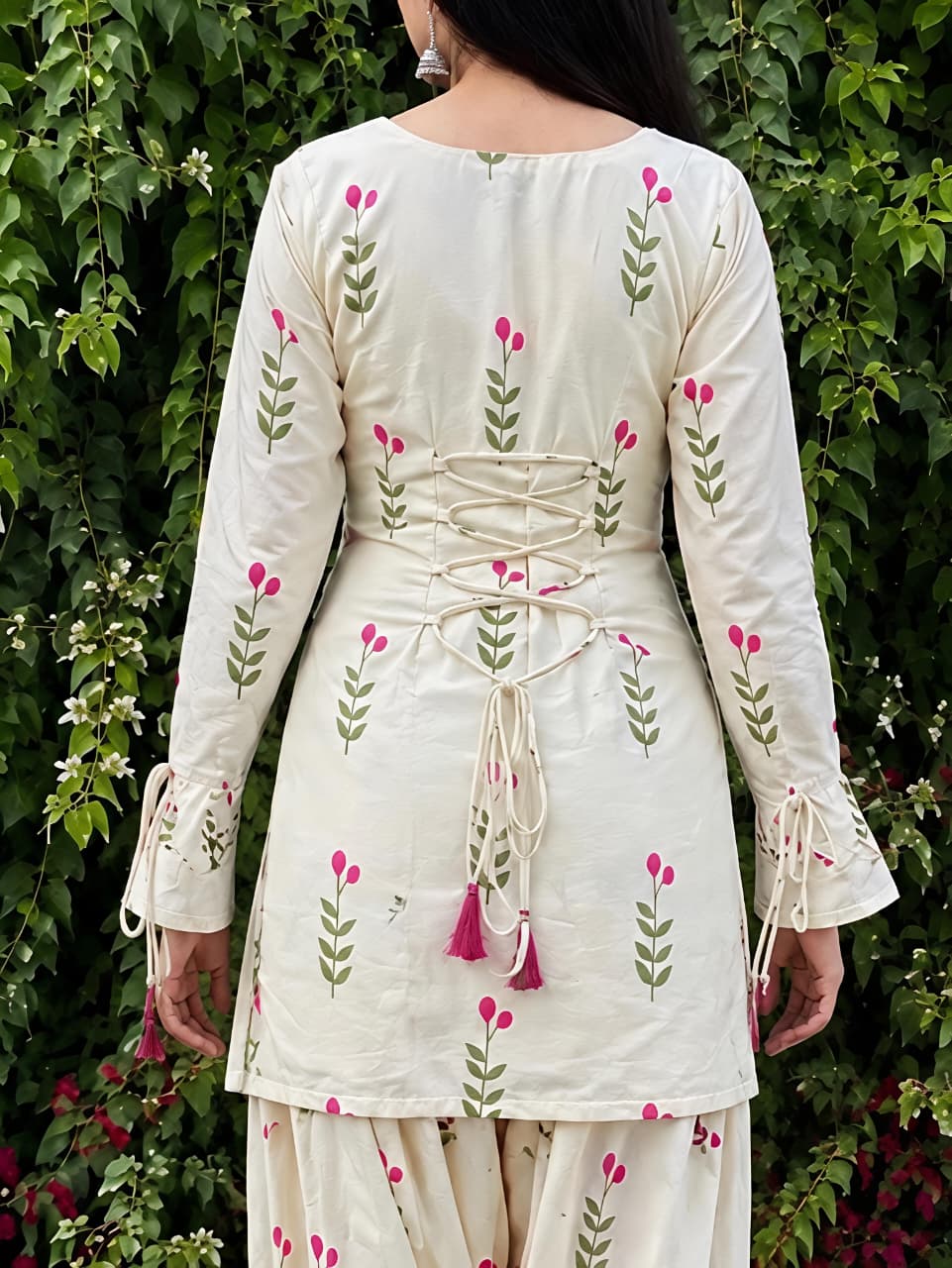 Off-White & Olive Green Floral Cotton Cambric Short Kurti Patiala Suit Set – 3-Piece Back Lace-Up Co-ord