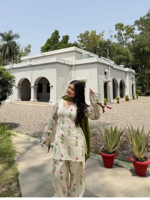 Off-White & Olive Green Floral Cotton Cambric Short Kurti Patiala Suit Set – 3-Piece Back Lace-Up Co-ord