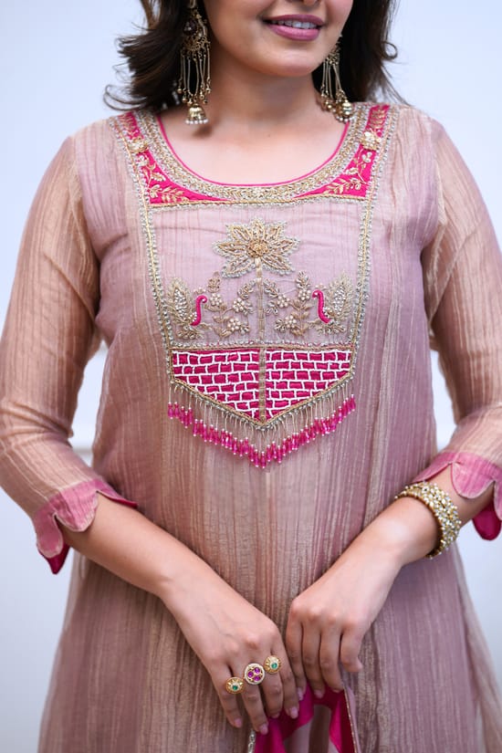 Elegant Mauve Embroidered Glass Chanderi Kurta Set with Dupatta – 3-Piece Festive Salwar Suit