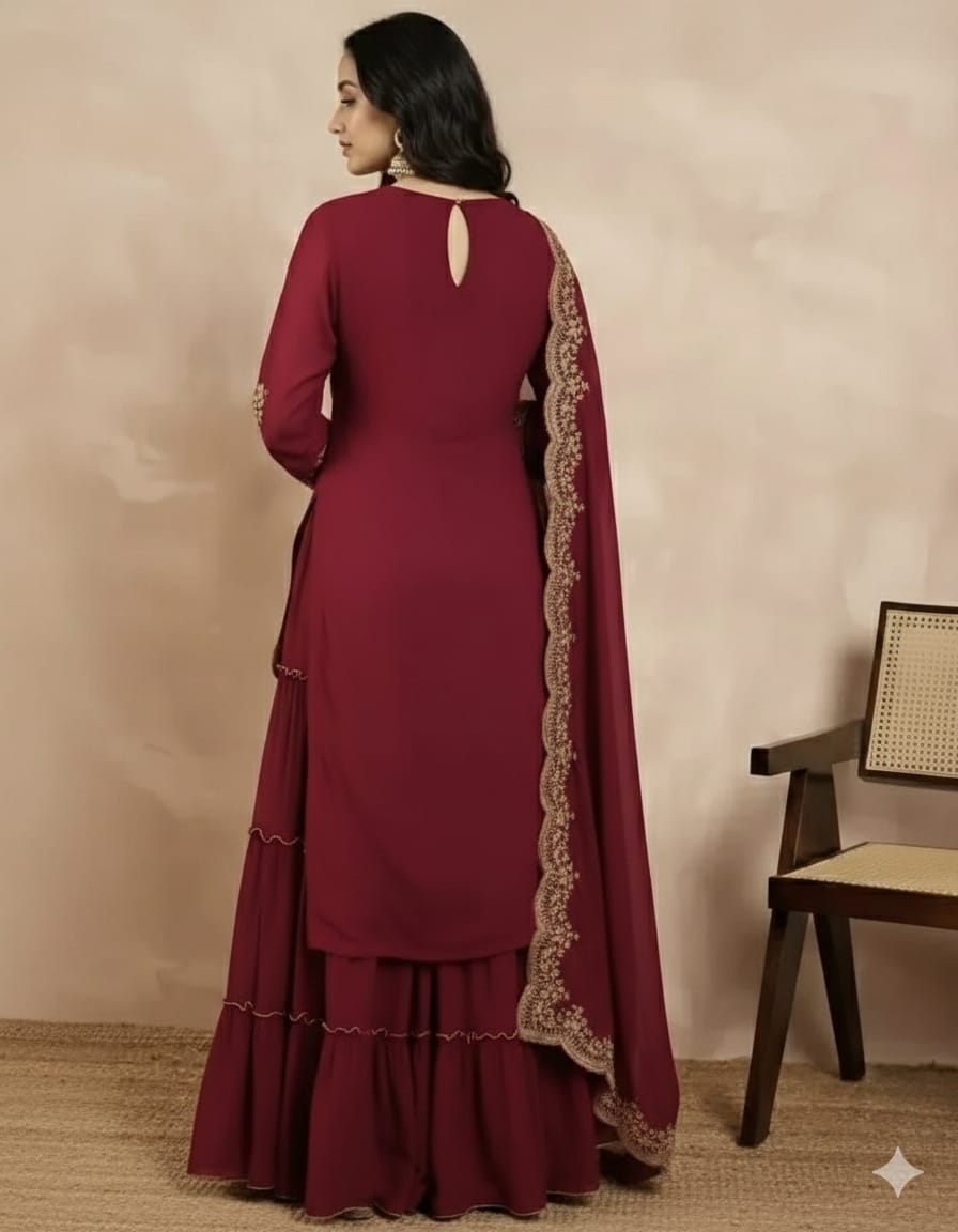 Aadesh Fashion Maroon Faux Georgette Embroidered Sharara Suit Set