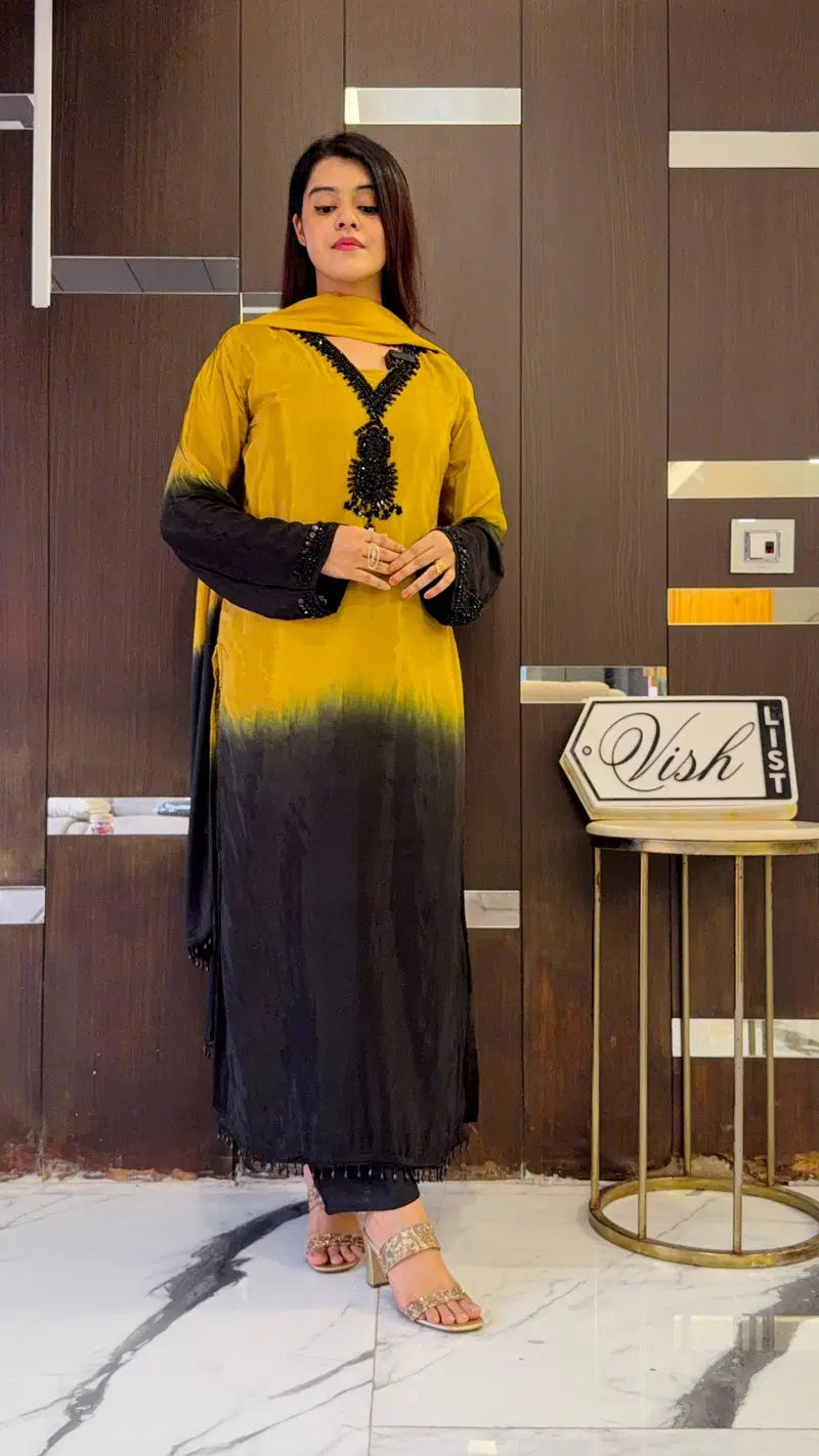 Aadesh Fashion Padma Yellow & Black Crepe Silk Ombre Kurti Pant Set with Georgette Dupatta