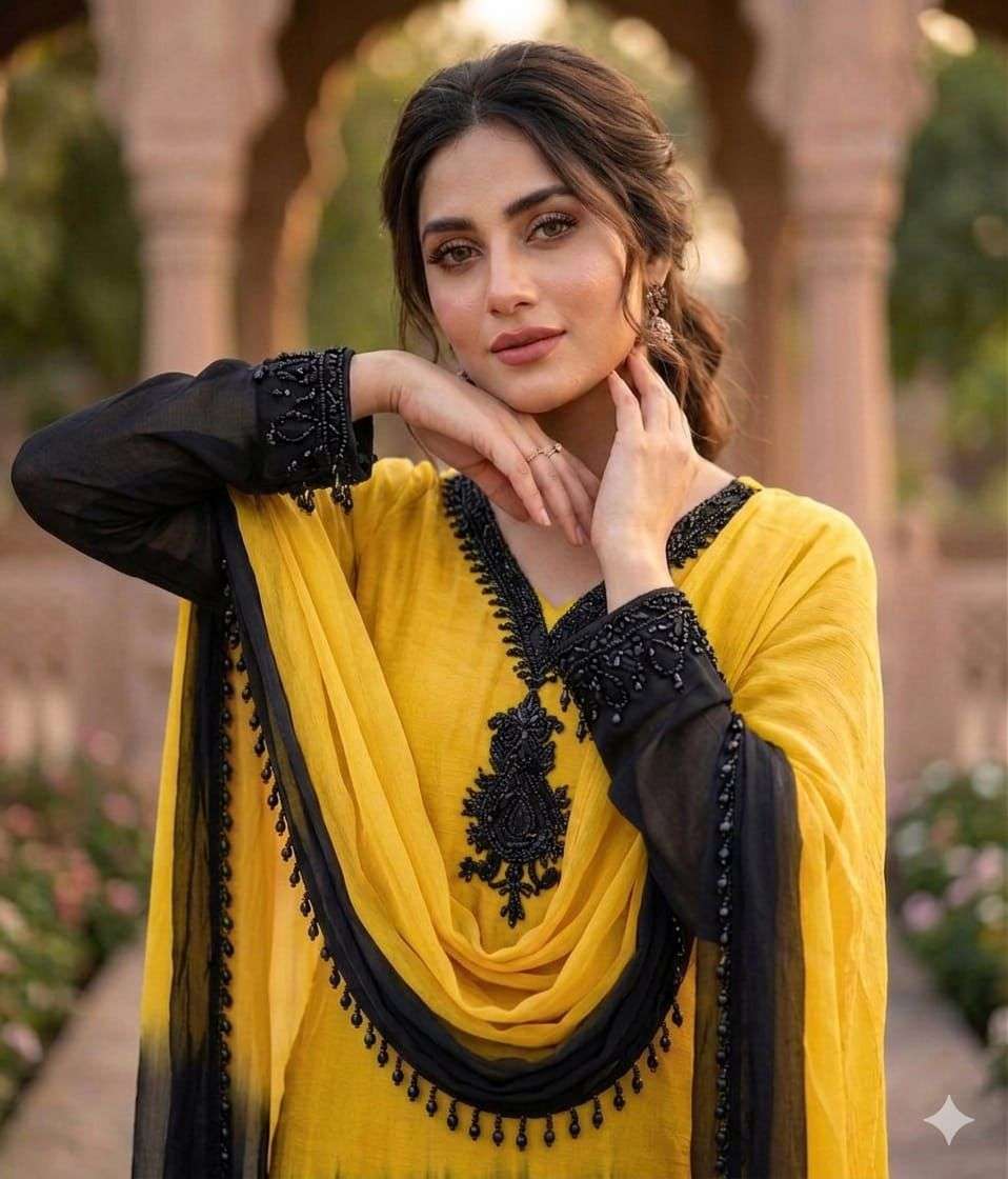 Aadesh Fashion Padma Yellow & Black Crepe Silk Ombre Kurti Pant Set with Georgette Dupatta