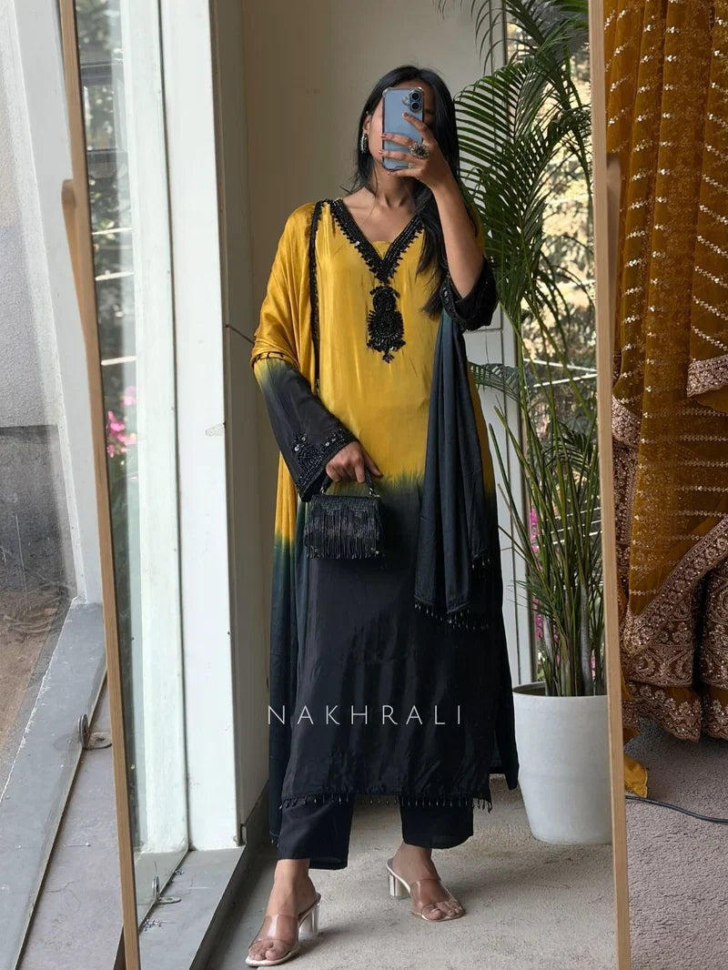 Aadesh Fashion Padma Yellow & Black Crepe Silk Ombre Kurti Pant Set with Georgette Dupatta