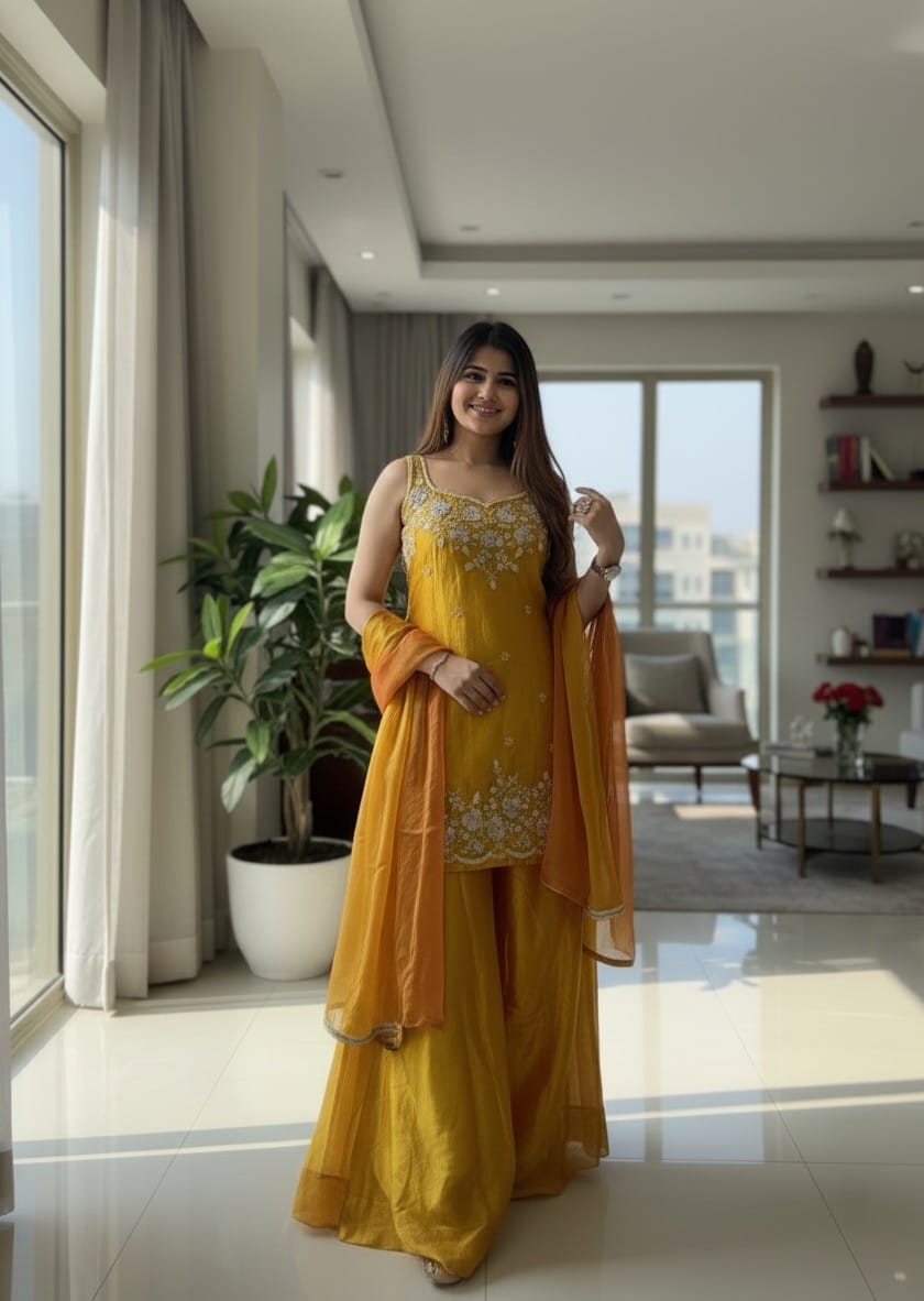 Aadesh Fashion Nazneen Haldi Yellow Shimmer Satin Short Kurti Sharara Set