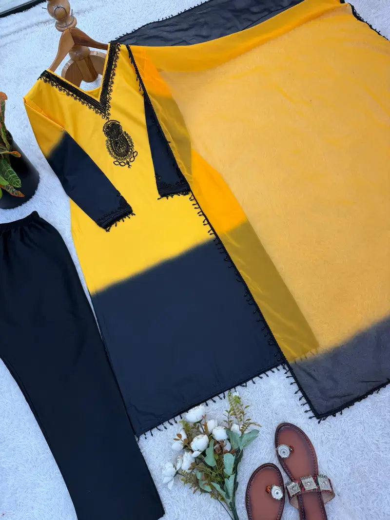 Aadesh Fashion Padma Yellow & Black Crepe Silk Ombre Kurti Pant Set with Georgette Dupatta