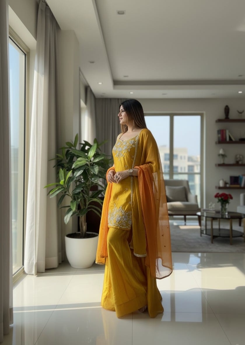 Aadesh Fashion Nazneen Haldi Yellow Shimmer Satin Short Kurti Sharara Set
