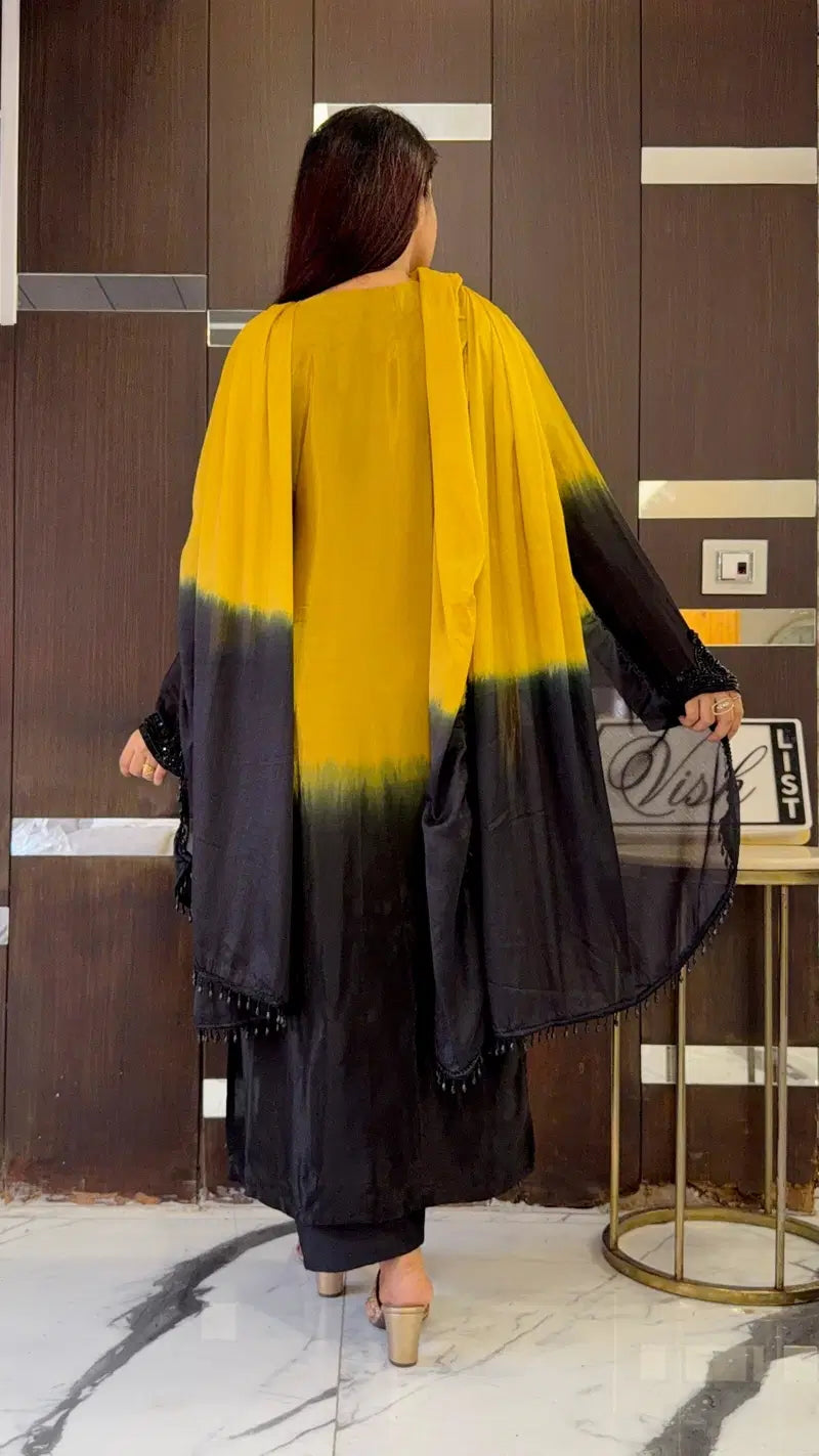 Aadesh Fashion Padma Yellow & Black Crepe Silk Ombre Kurti Pant Set with Georgette Dupatta