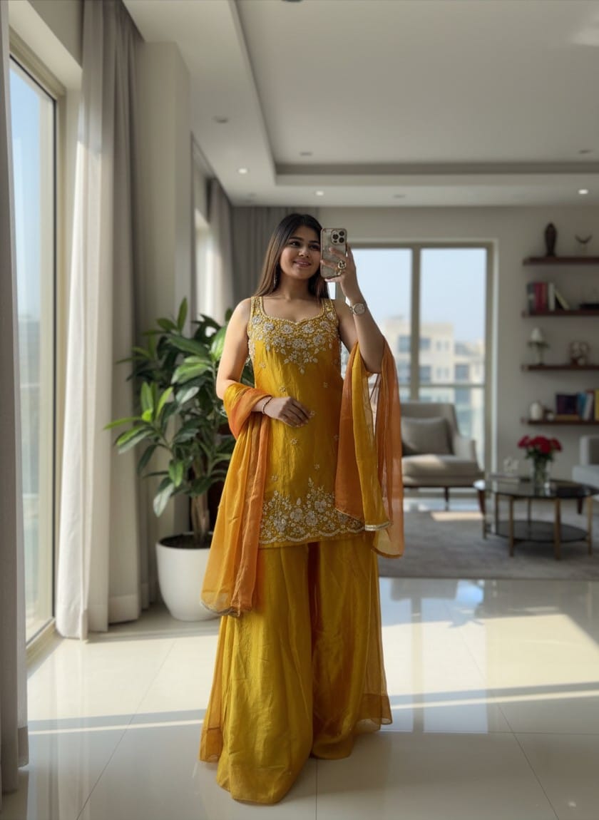 Aadesh Fashion Nazneen Haldi Yellow Shimmer Satin Short Kurti Sharara Set