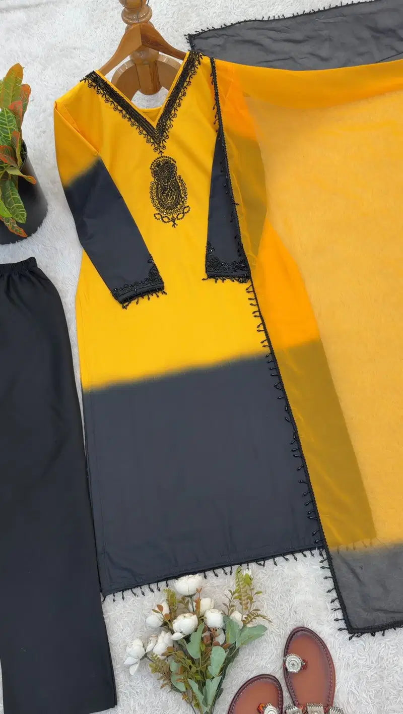 Aadesh Fashion Padma Yellow & Black Crepe Silk Ombre Kurti Pant Set with Georgette Dupatta