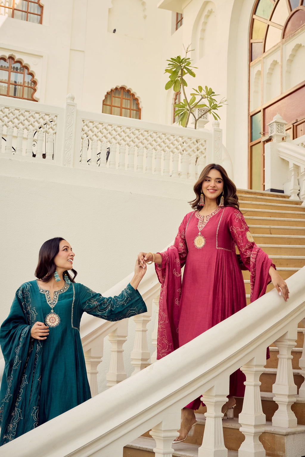 herry Pink Muslin Flared Anarkali Kurta Set – 3-Piece Royal Medallion Embroidered Suit with Muslin Dupatta