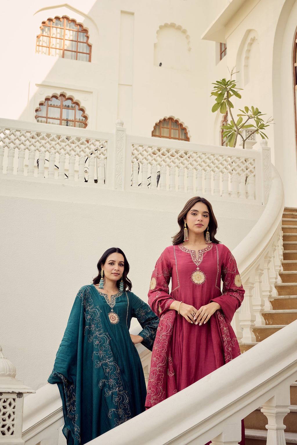 herry Pink Muslin Flared Anarkali Kurta Set – 3-Piece Royal Medallion Embroidered Suit with Muslin Dupatta