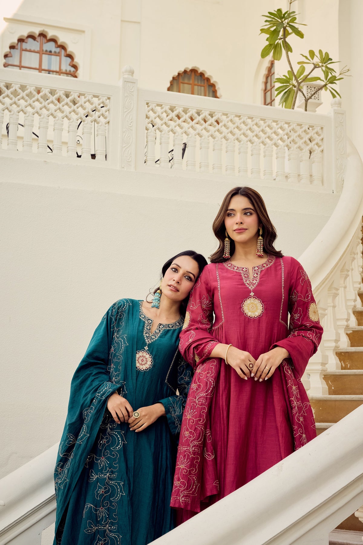 herry Pink Muslin Flared Anarkali Kurta Set – 3-Piece Royal Medallion Embroidered Suit with Muslin Dupatta