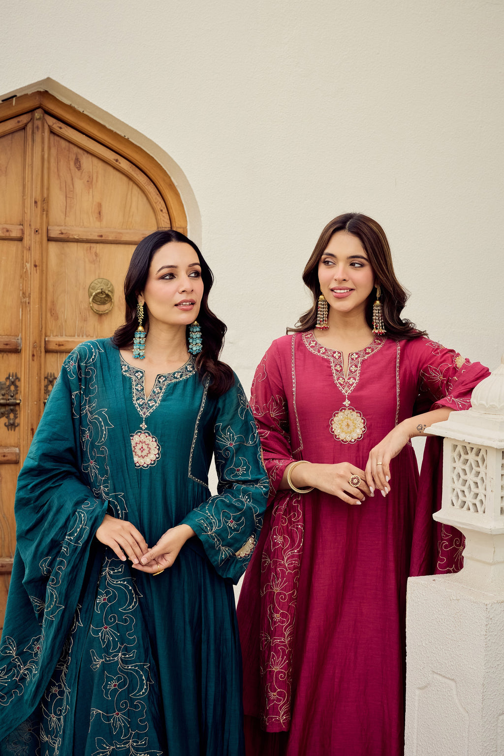 herry Pink Muslin Flared Anarkali Kurta Set – 3-Piece Royal Medallion Embroidered Suit with Muslin Dupatta
