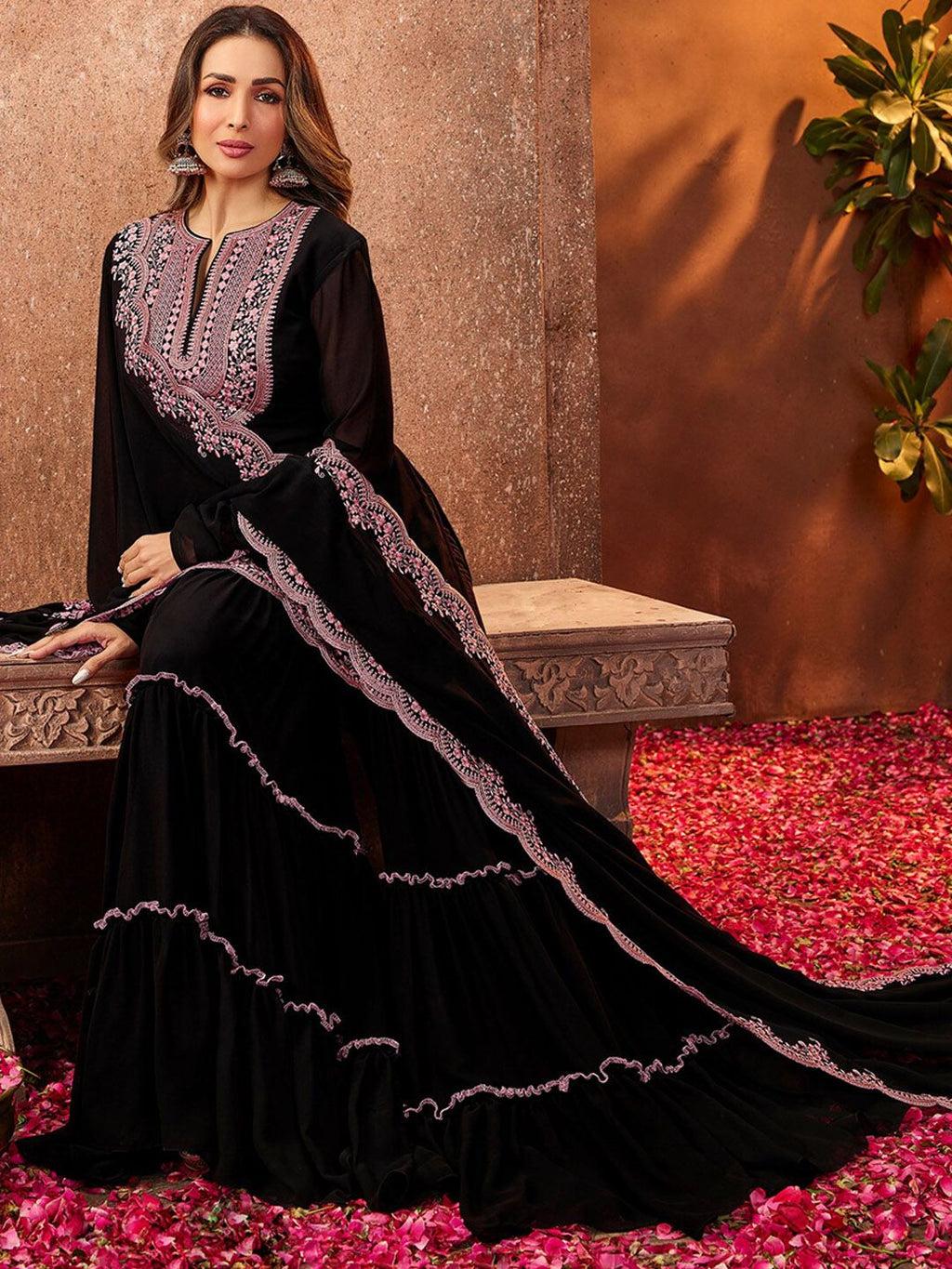 Aadesh Fashion Black Faux Georgette Embroidered Sharara Suit Set