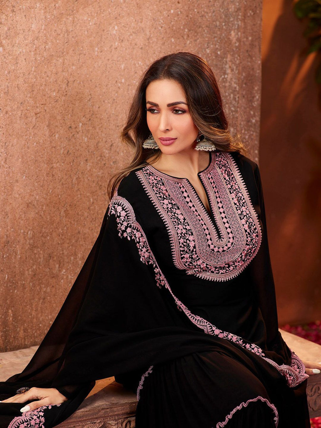 Aadesh Fashion Black Faux Georgette Embroidered Sharara Suit Set