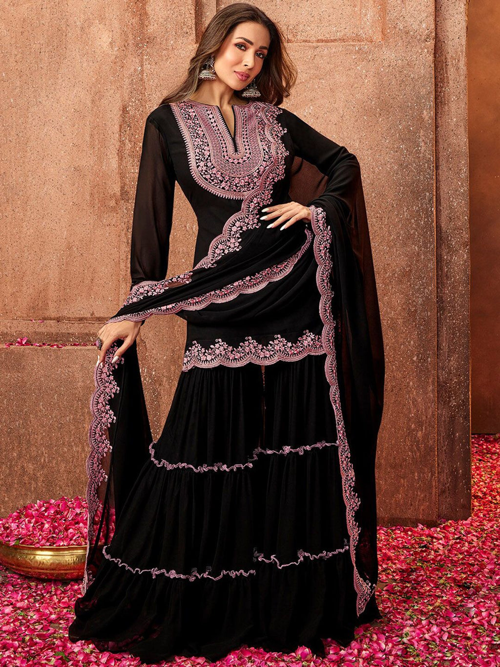 Aadesh Fashion Black Faux Georgette Embroidered Sharara Suit Set
