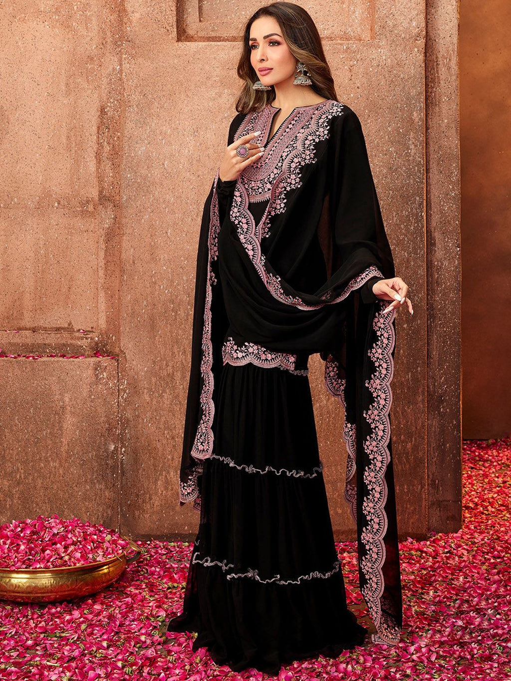 Aadesh Fashion Black Faux Georgette Embroidered Sharara Suit Set