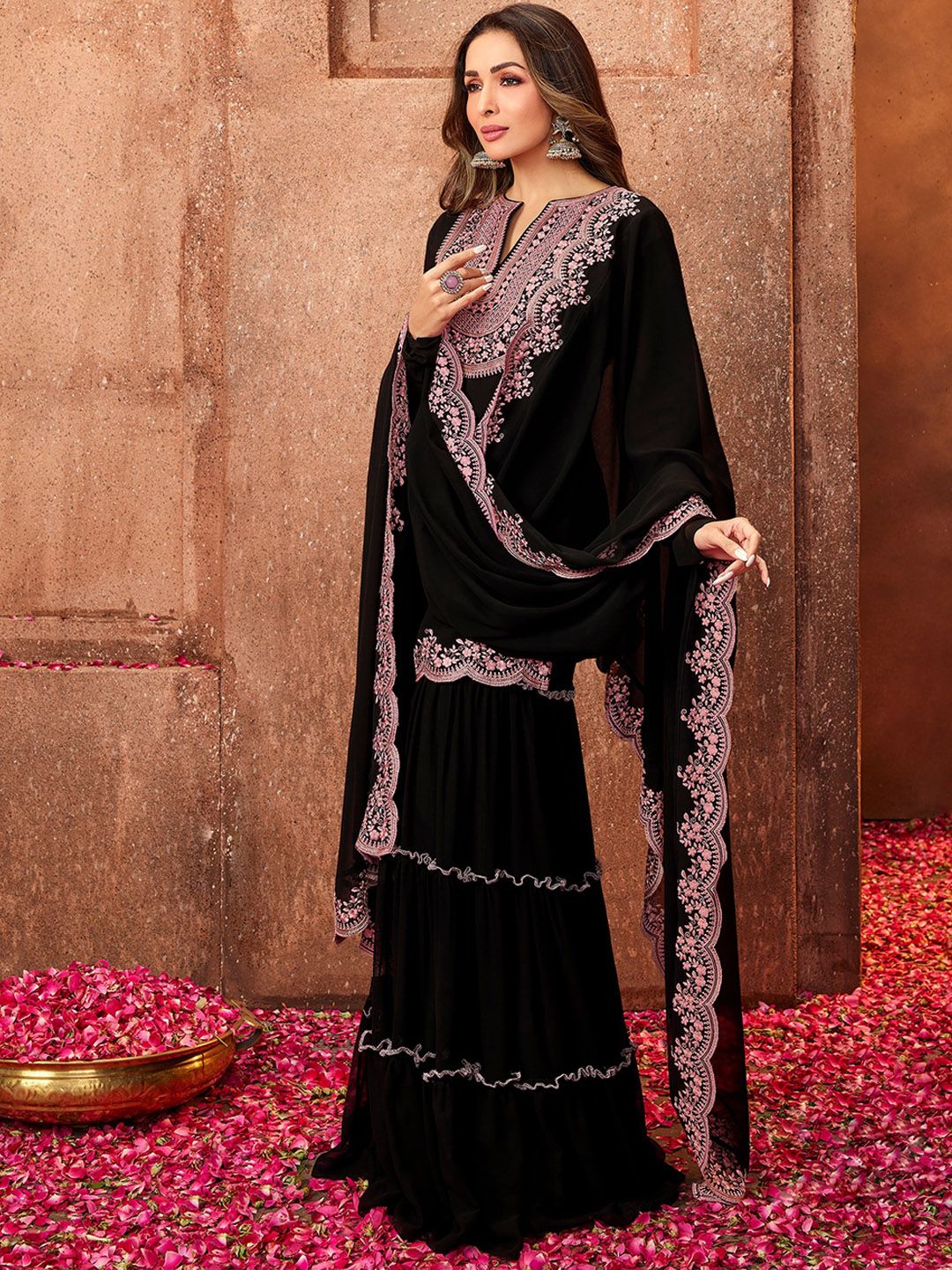 Aadesh Fashion Black Faux Georgette Embroidered Sharara Suit Set