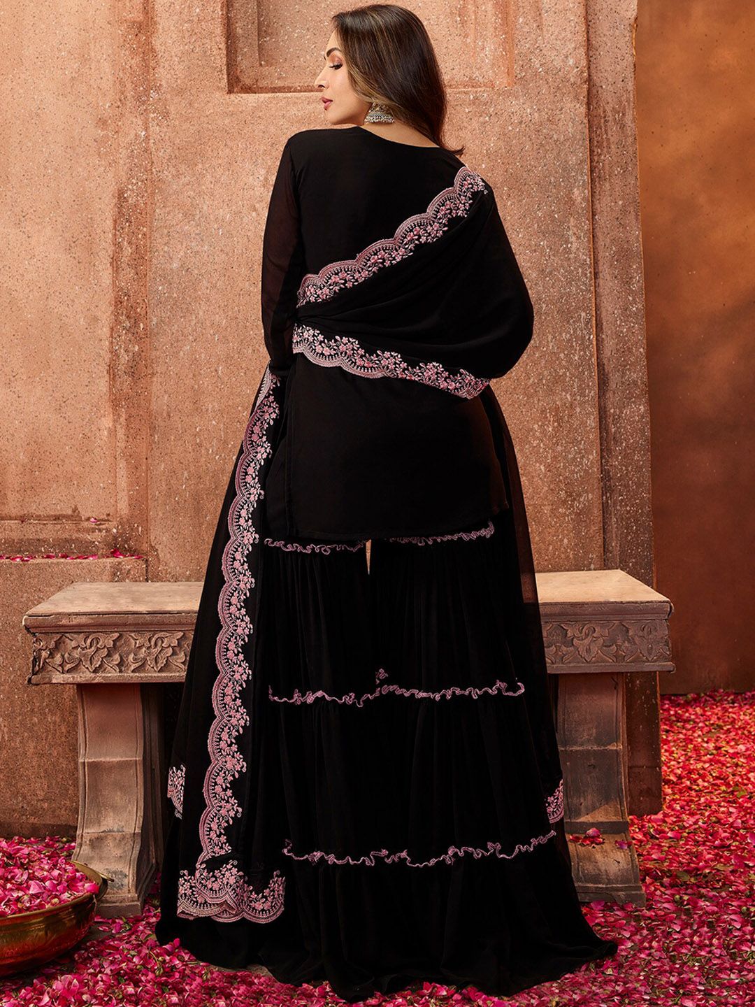 Aadesh Fashion Black Faux Georgette Embroidered Sharara Suit Set