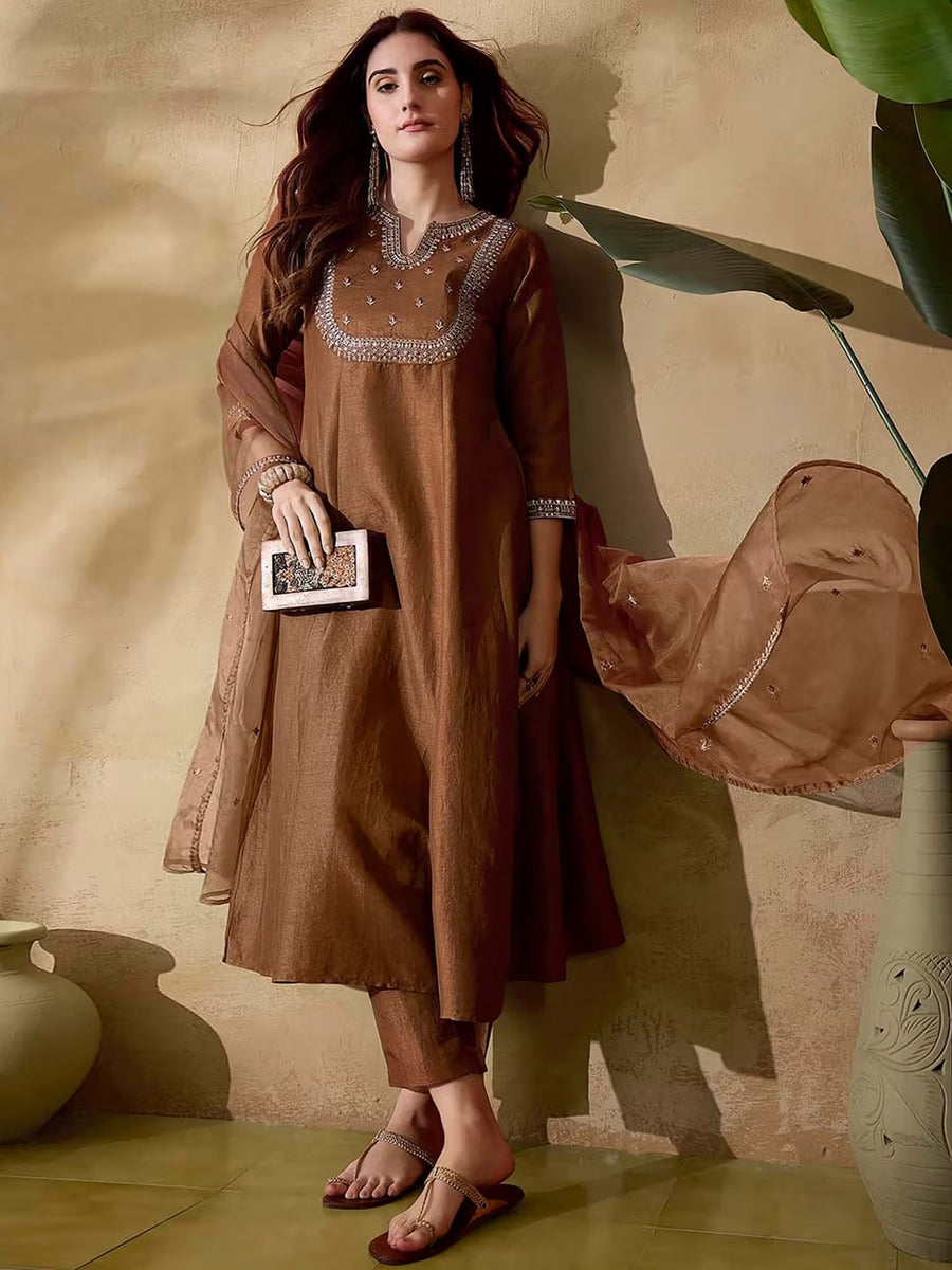 Aadesh Fashion Earthy Brown Vichitra Silk Flared Kurti Pant Set with Organza Dupatta