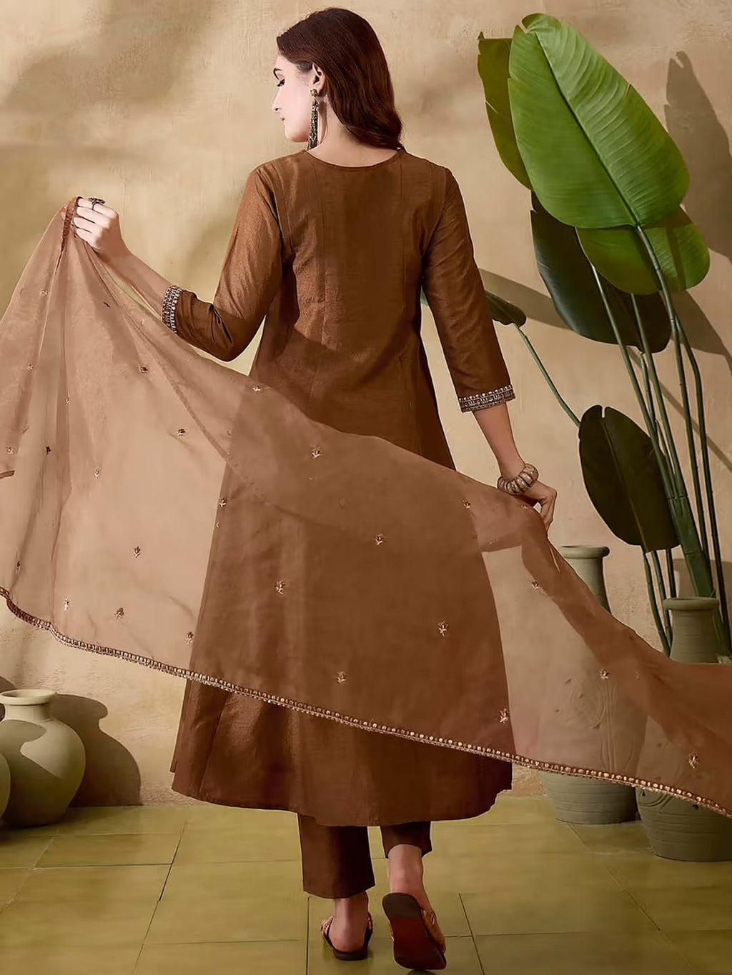 Aadesh Fashion Earthy Brown Vichitra Silk Flared Kurti Pant Set with Organza Dupatta