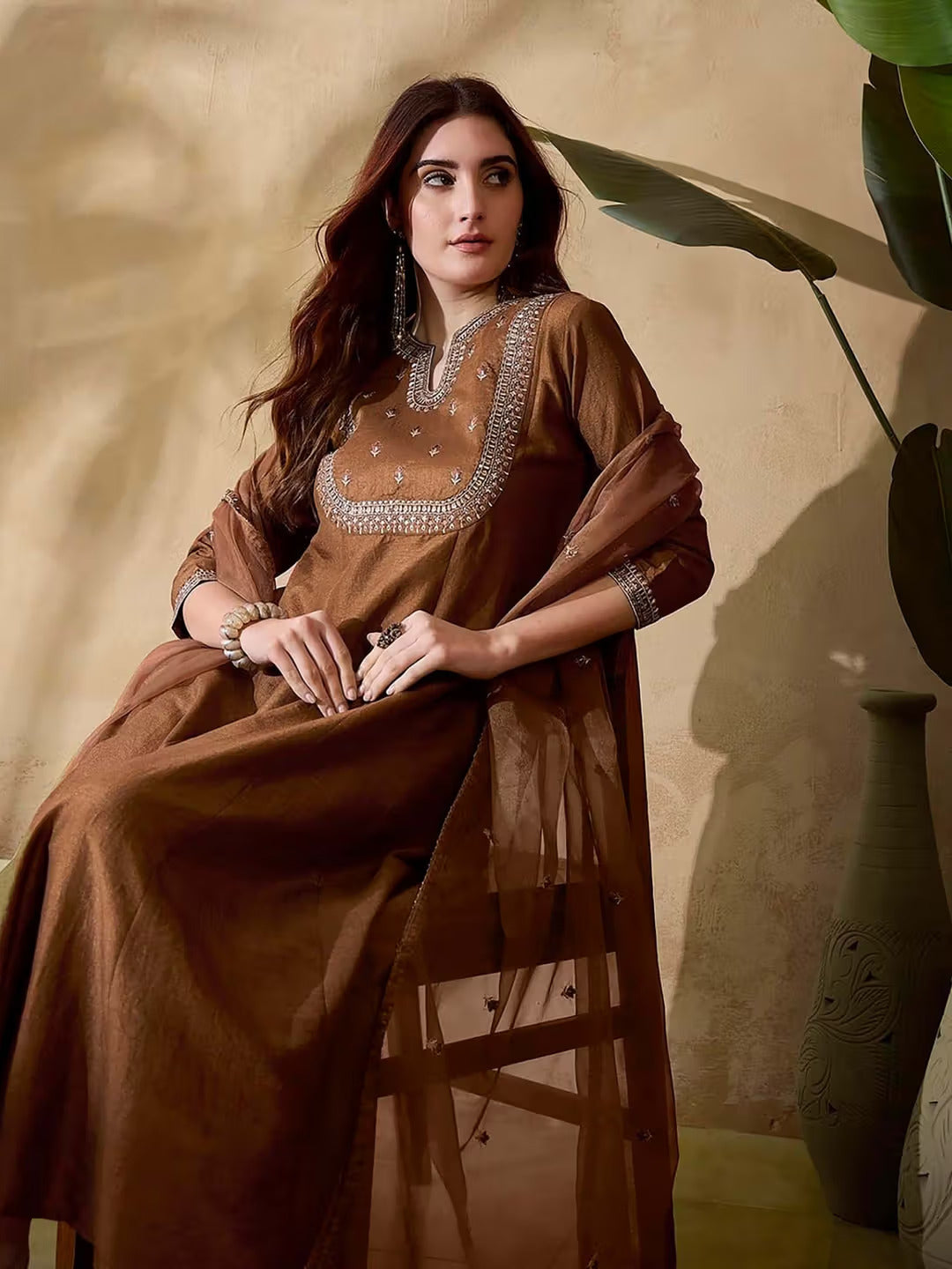 Aadesh Fashion Earthy Brown Vichitra Silk Flared Kurti Pant Set with Organza Dupatta