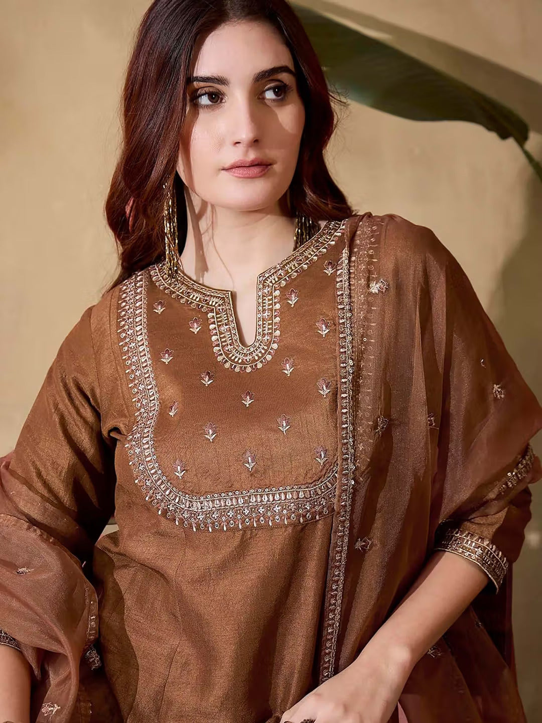 Aadesh Fashion Earthy Brown Vichitra Silk Flared Kurti Pant Set with Organza Dupatta