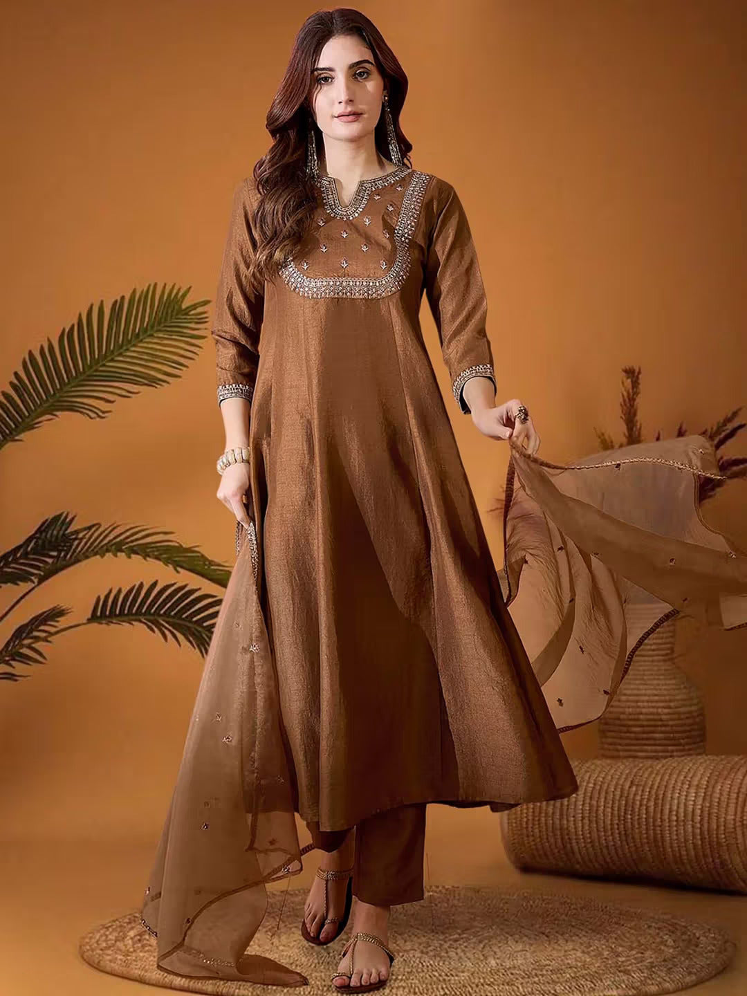 Aadesh Fashion Earthy Brown Vichitra Silk Flared Kurti Pant Set with Organza Dupatta