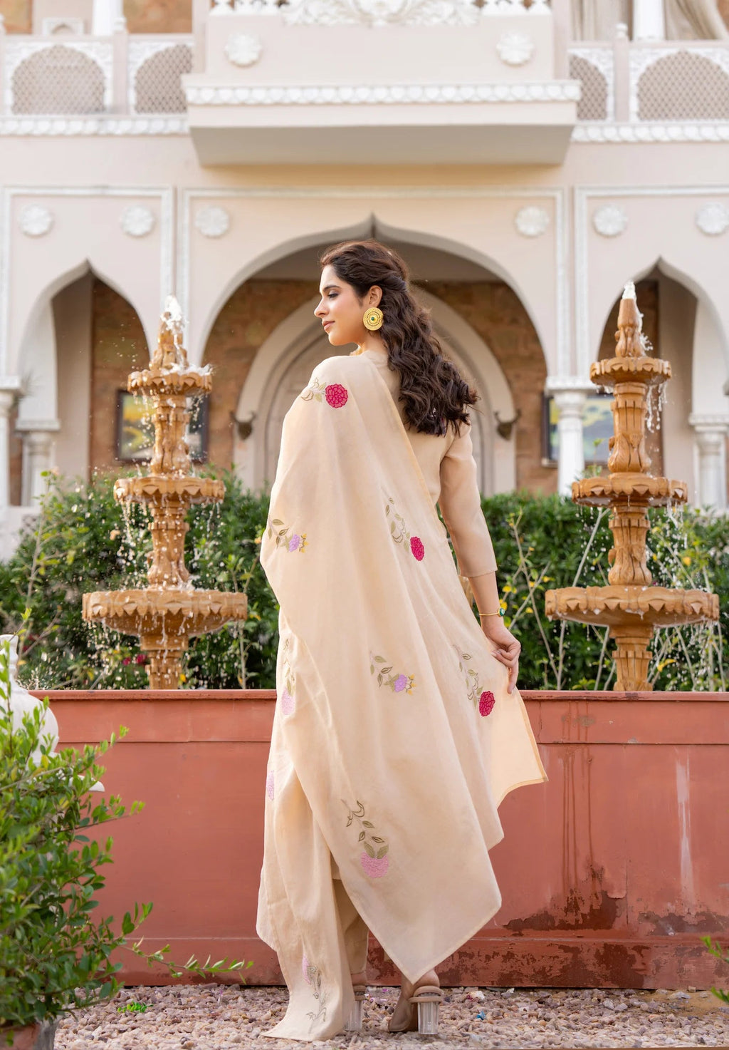Aadesh Fashion Ramya Beige Chanderi Silk Floral Embroidered Kurti Pant Set