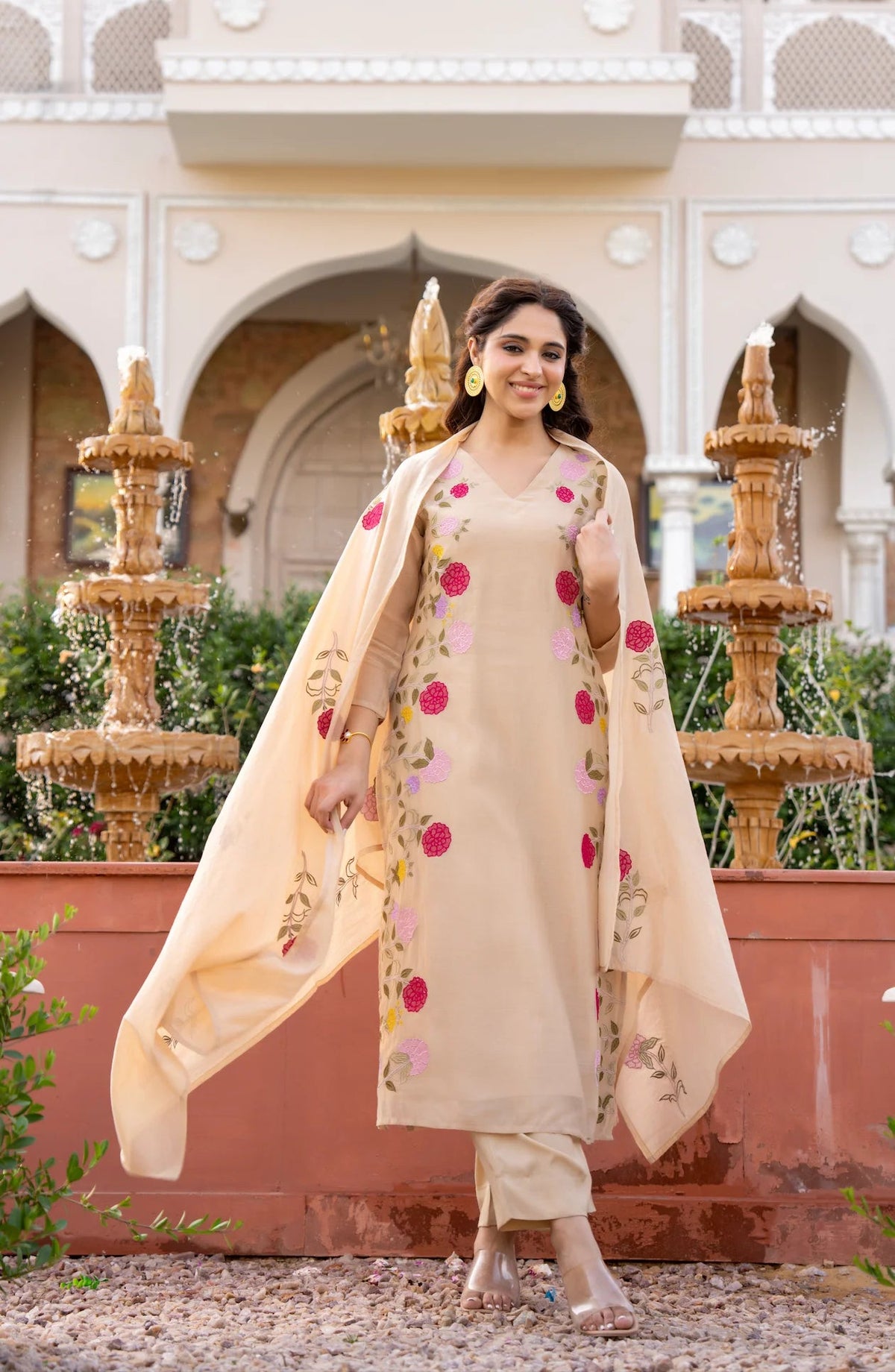 Aadesh Fashion Ramya Beige Chanderi Silk Floral Embroidered Kurti Pant Set