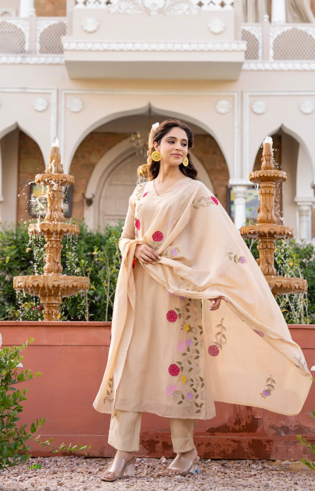 Aadesh Fashion Ramya Beige Chanderi Silk Floral Embroidered Kurti Pant Set