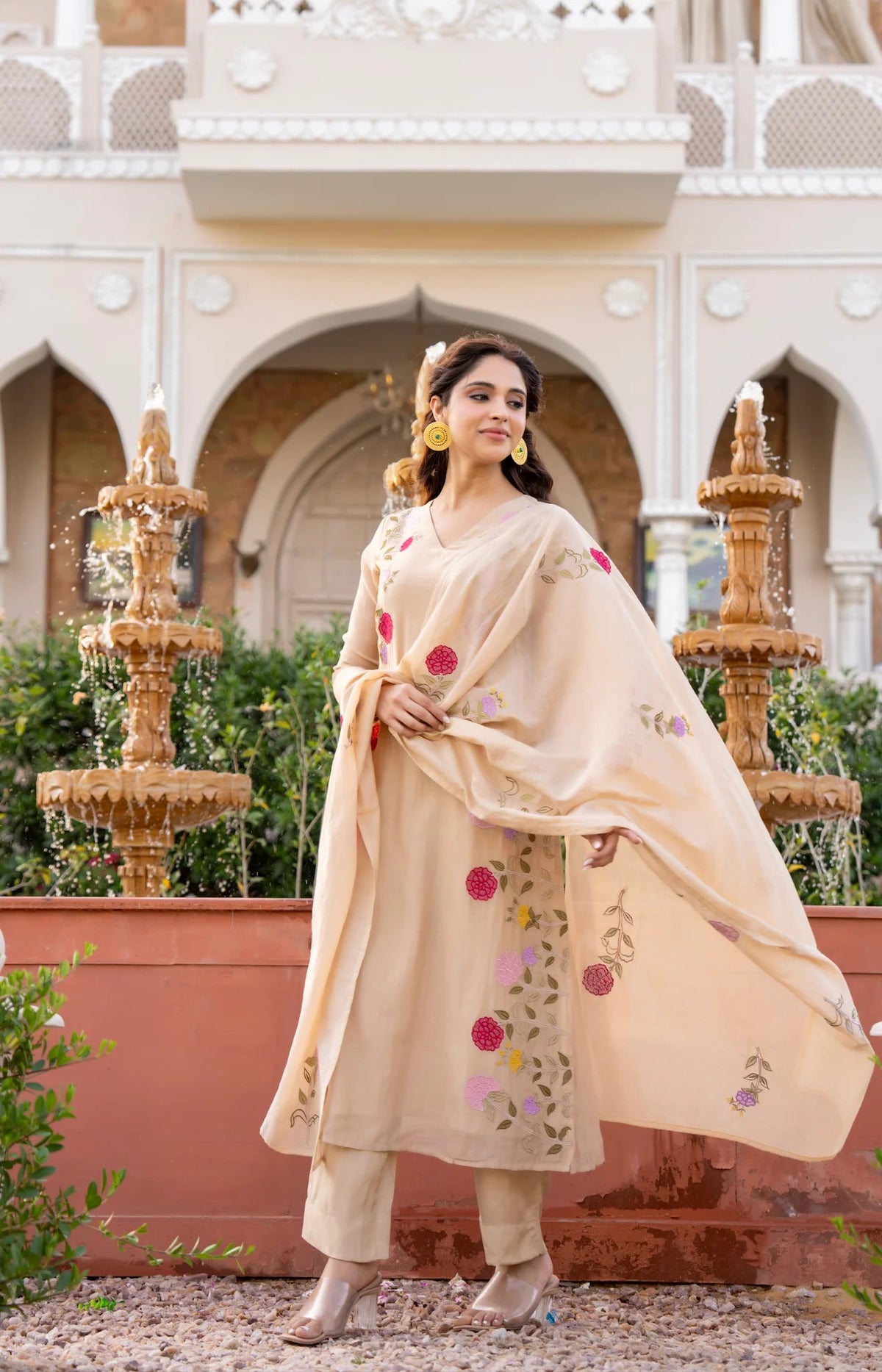Aadesh Fashion Ramya Beige Chanderi Silk Floral Embroidered Kurti Pant Set