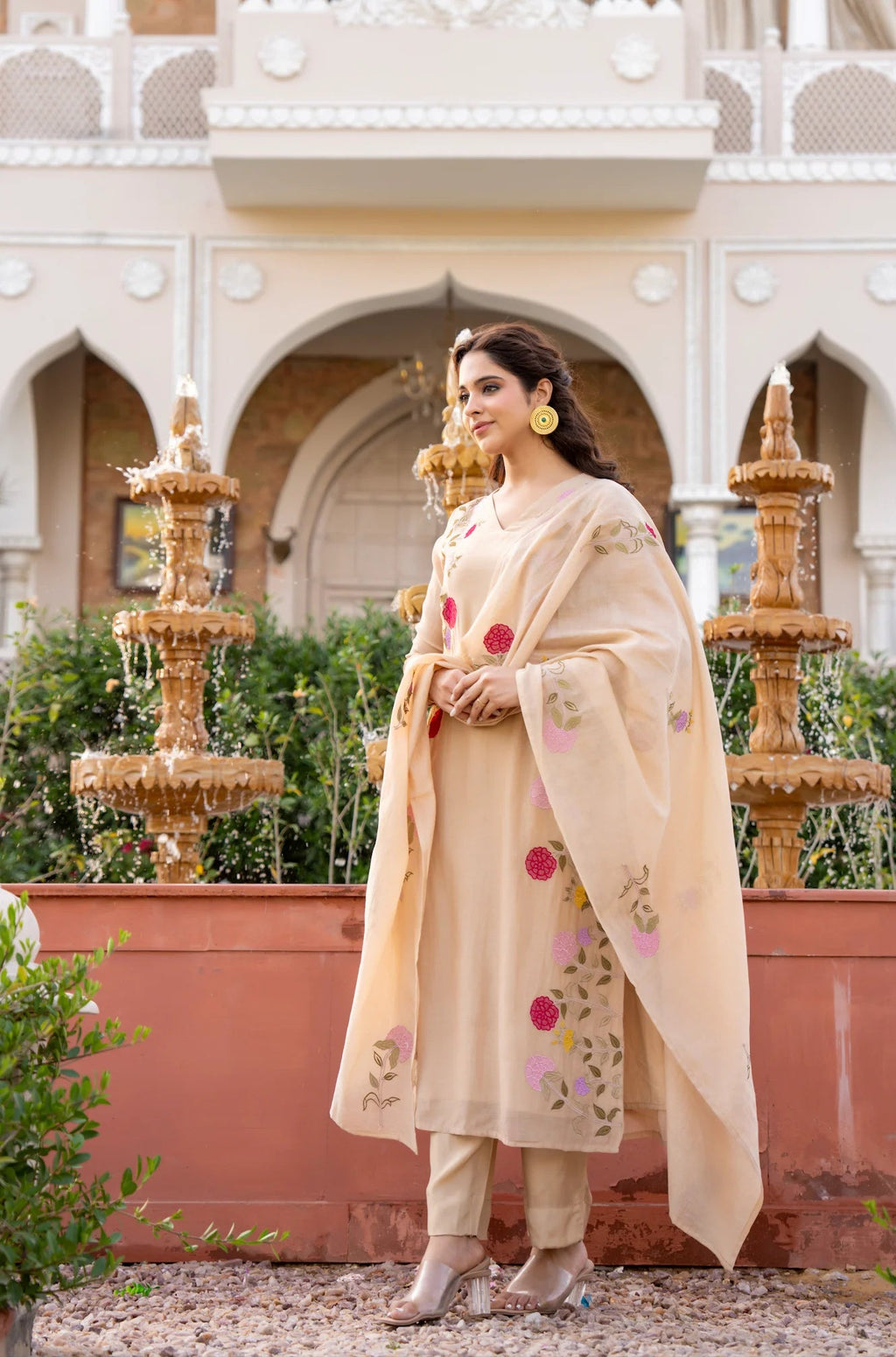Aadesh Fashion Ramya Beige Chanderi Silk Floral Embroidered Kurti Pant Set