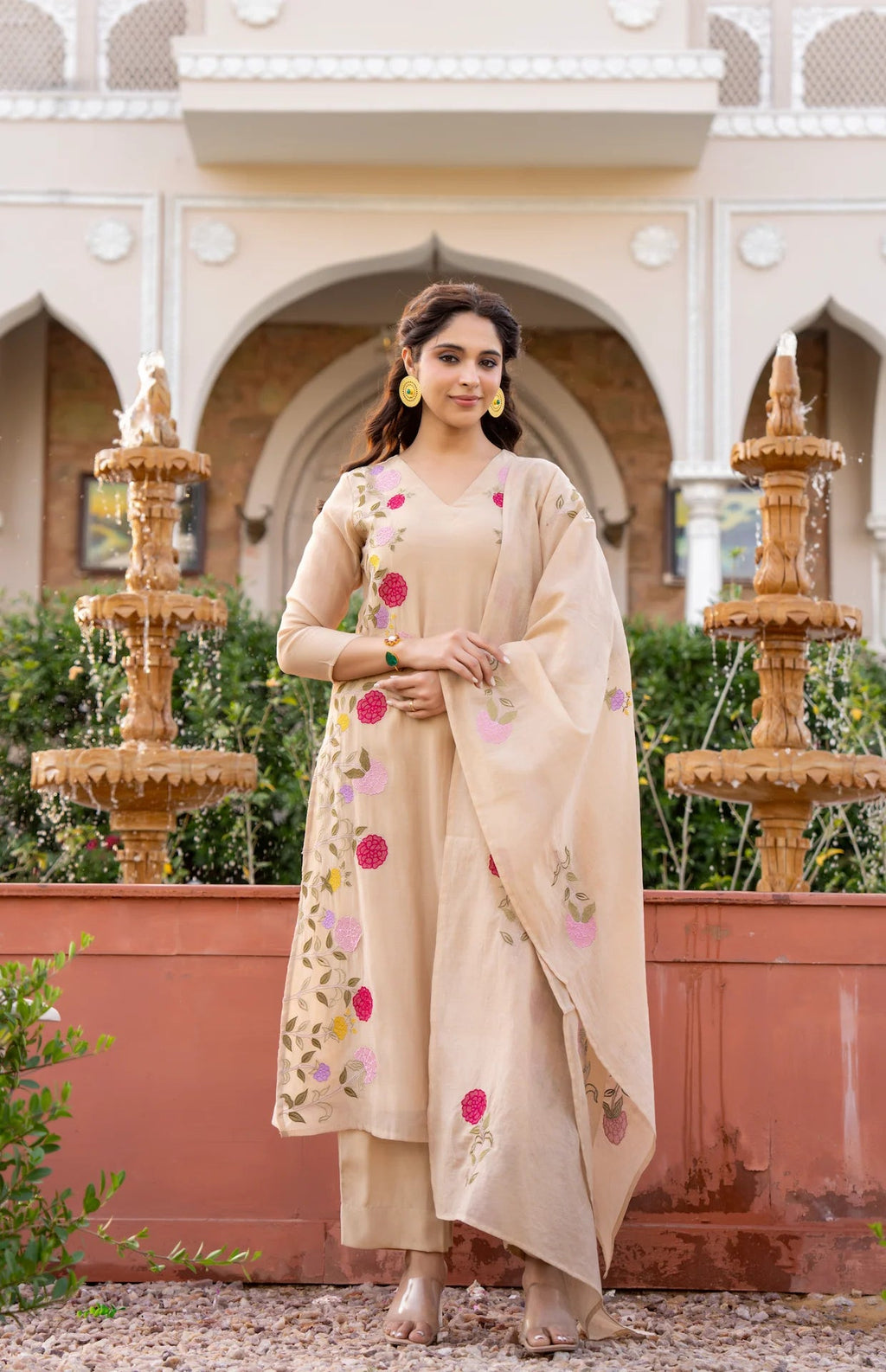 Aadesh Fashion Ramya Beige Chanderi Silk Floral Embroidered Kurti Pant Set