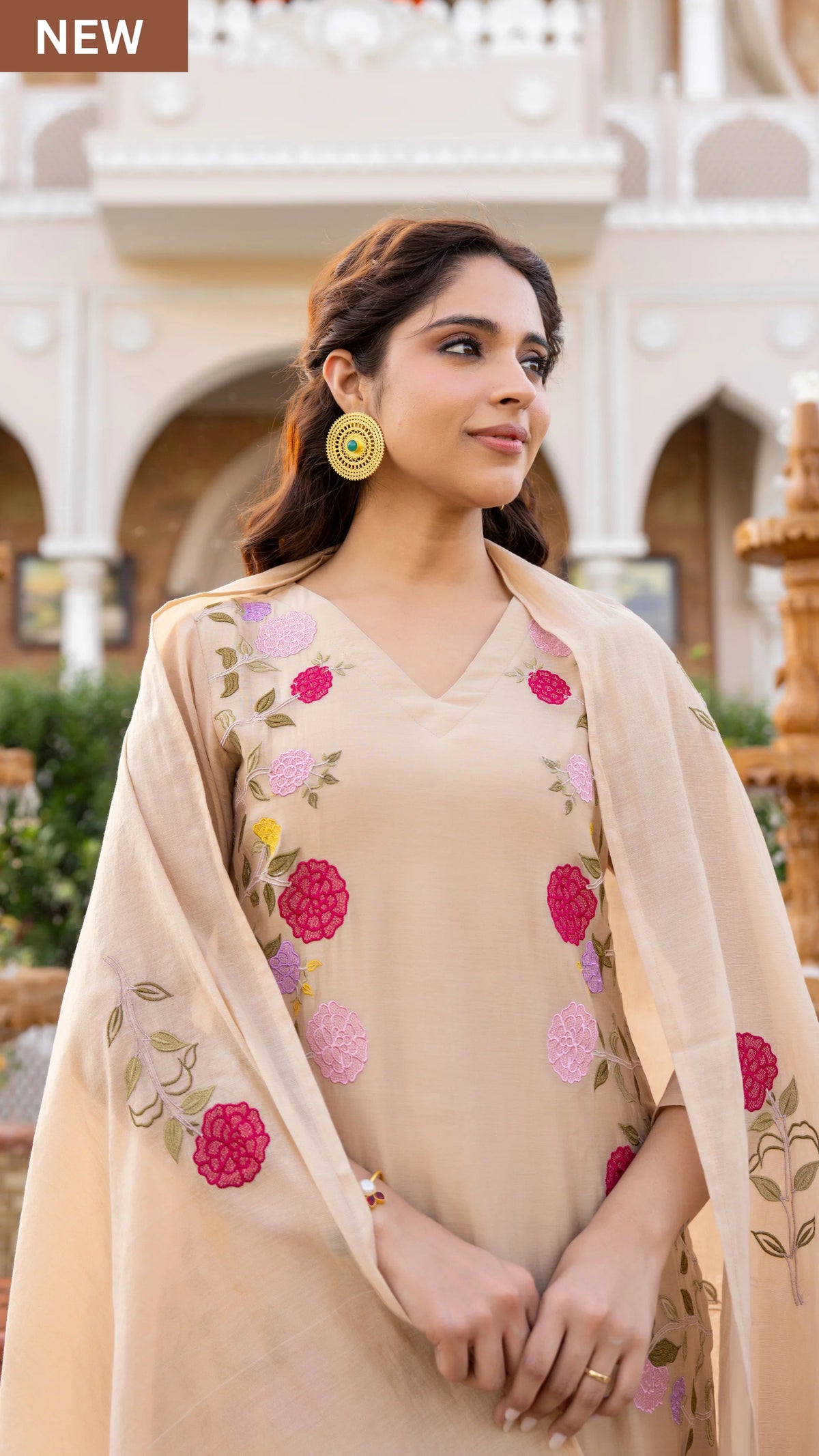 Aadesh Fashion Ramya Beige Chanderi Silk Floral Embroidered Kurti Pant Set