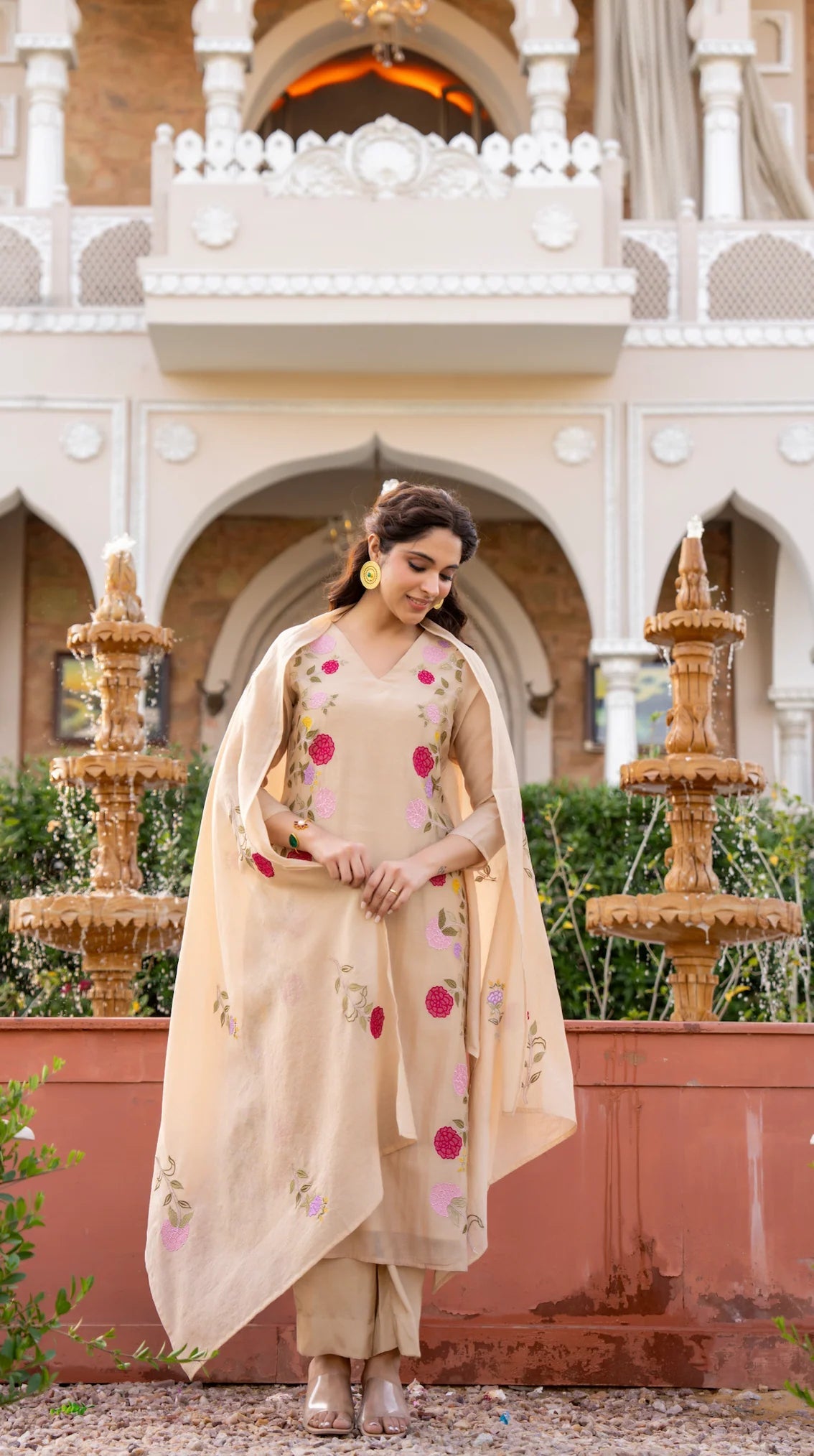 Aadesh Fashion Ramya Beige Chanderi Silk Floral Embroidered Kurti Pant Set
