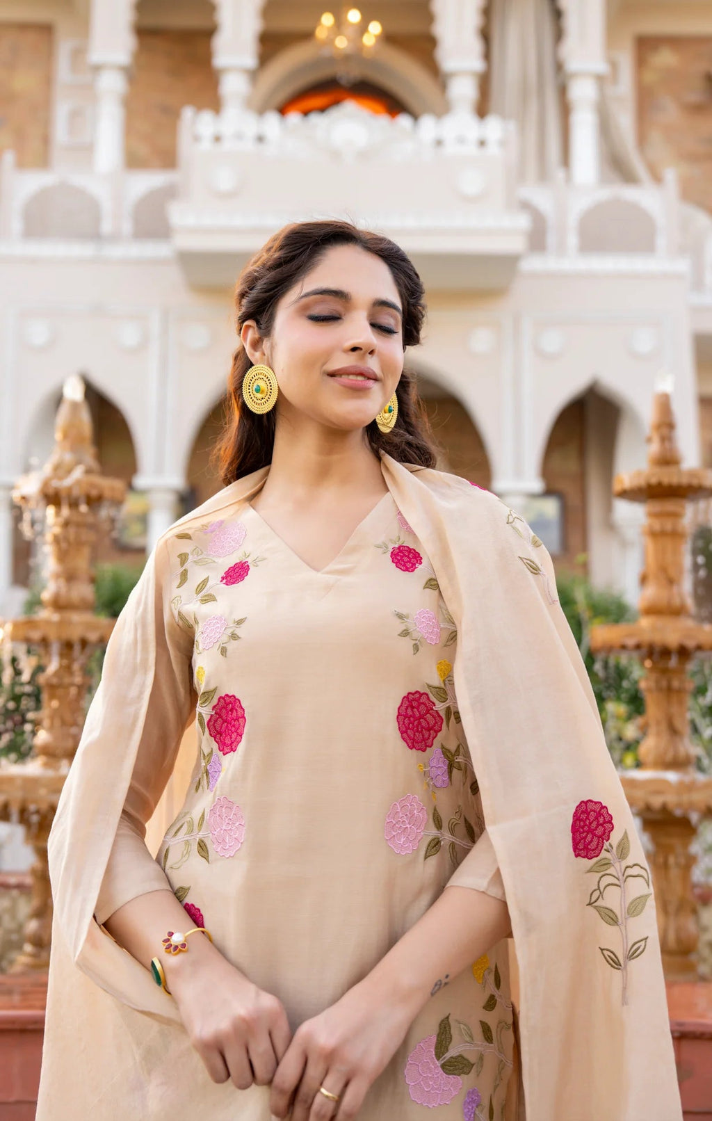 Aadesh Fashion Ramya Beige Chanderi Silk Floral Embroidered Kurti Pant Set