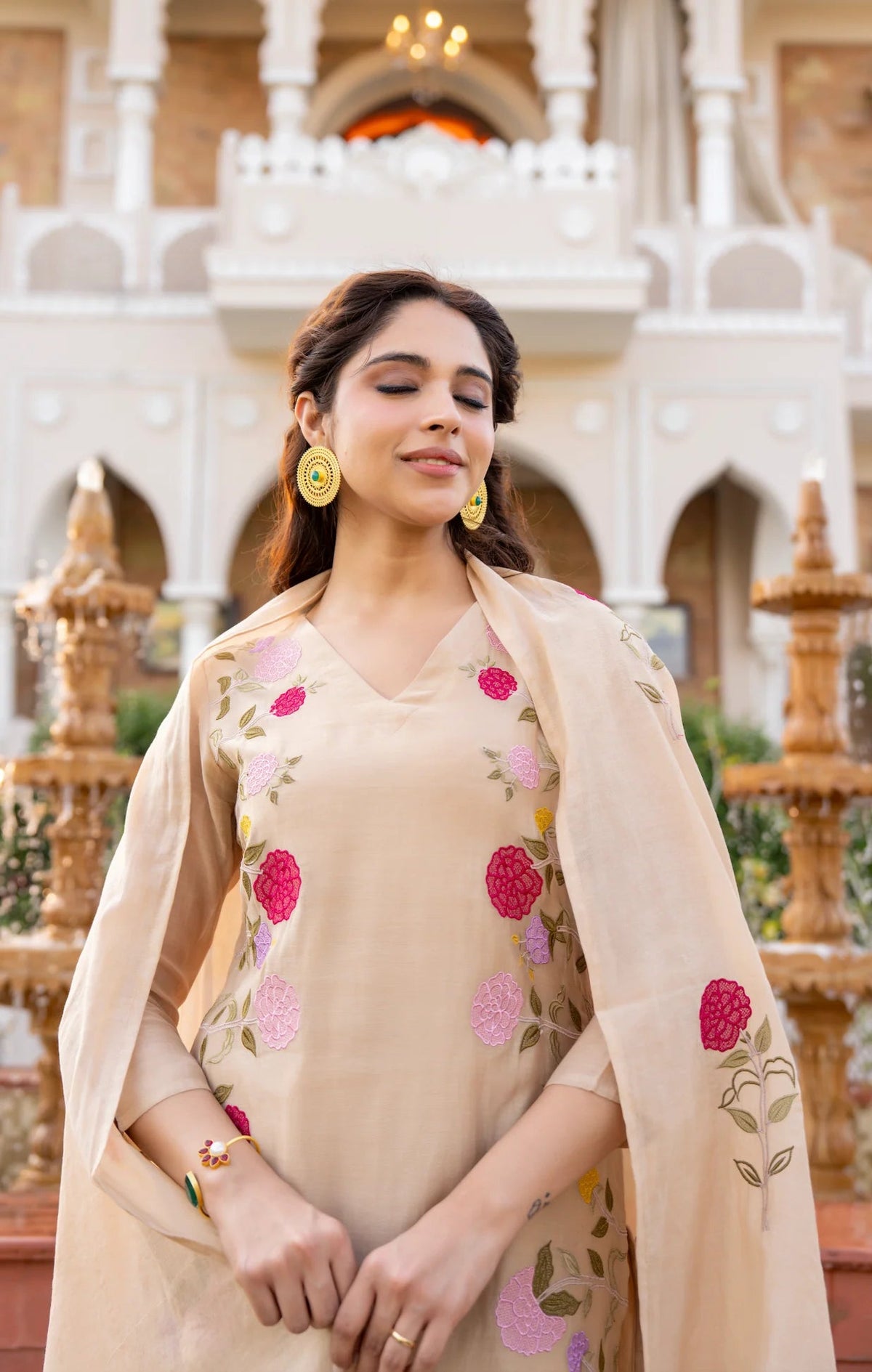 Aadesh Fashion Ramya Beige Chanderi Silk Floral Embroidered Kurti Pant Set