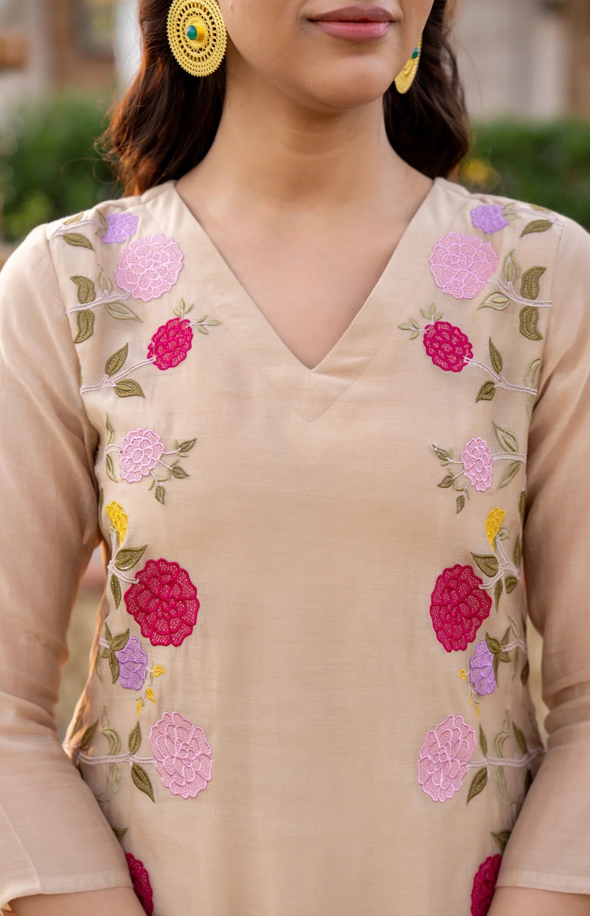 Aadesh Fashion Ramya Beige Chanderi Silk Floral Embroidered Kurti Pant Set