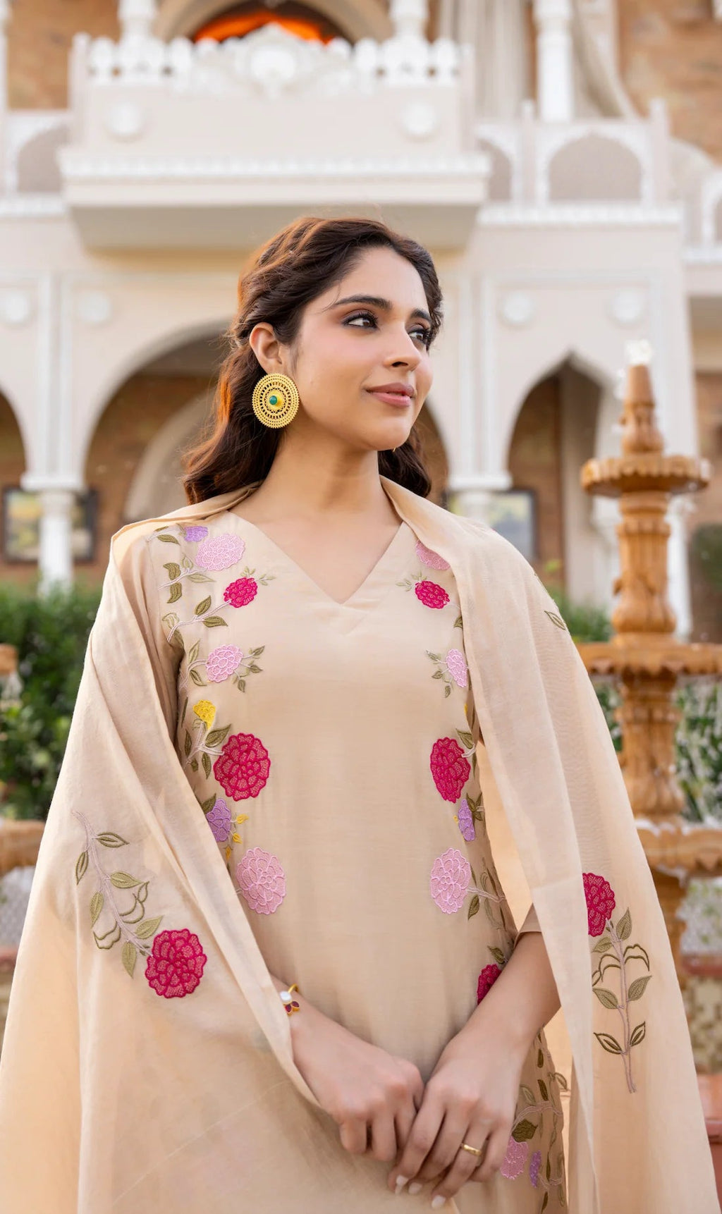 Aadesh Fashion Ramya Beige Chanderi Silk Floral Embroidered Kurti Pant Set