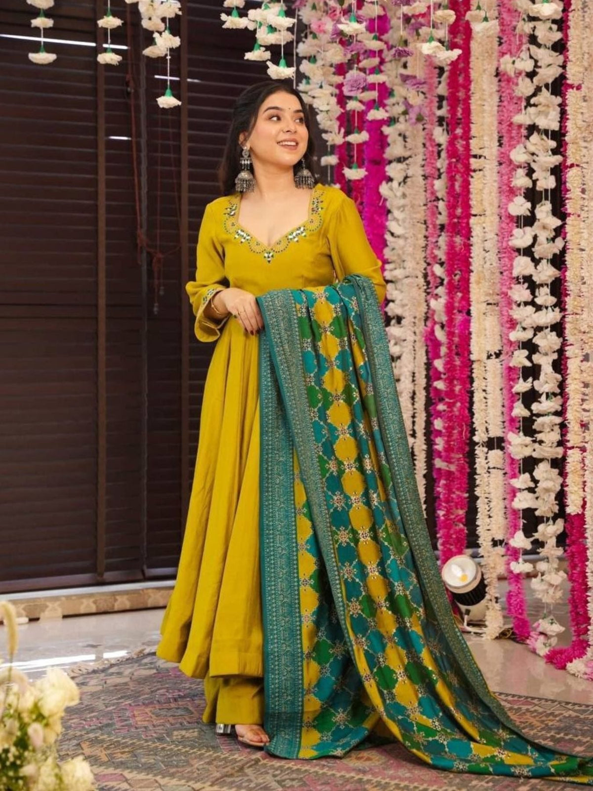 Aadesh Fashion Muskan Mustard Yellow PV Chanderi Silk Flared Anarkali Suit Set