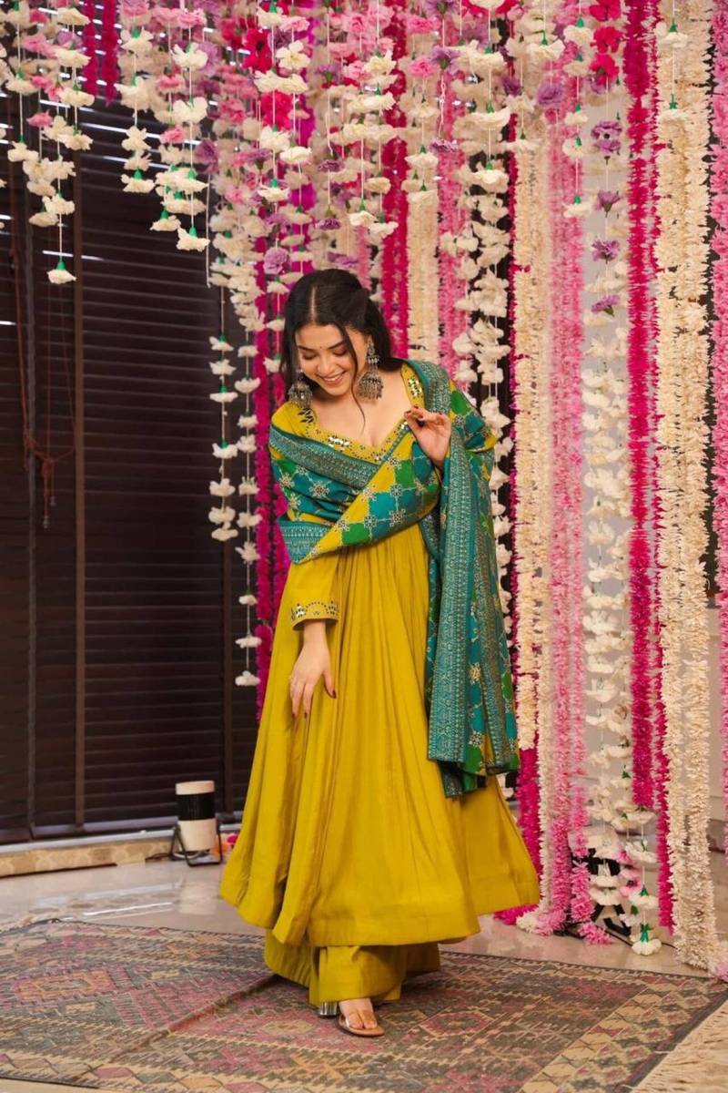 Aadesh Fashion Muskan Mustard Yellow PV Chanderi Silk Flared Anarkali Suit Set