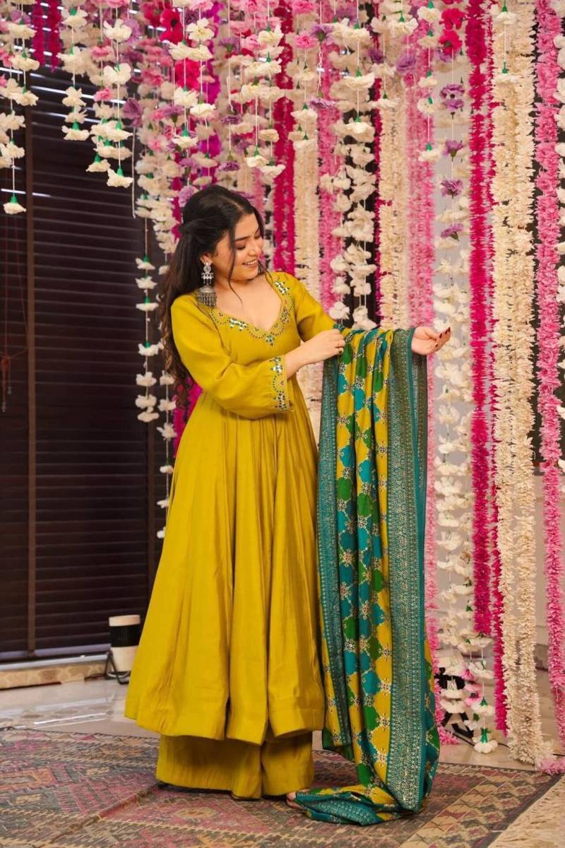 Aadesh Fashion Muskan Mustard Yellow PV Chanderi Silk Flared Anarkali Suit Set