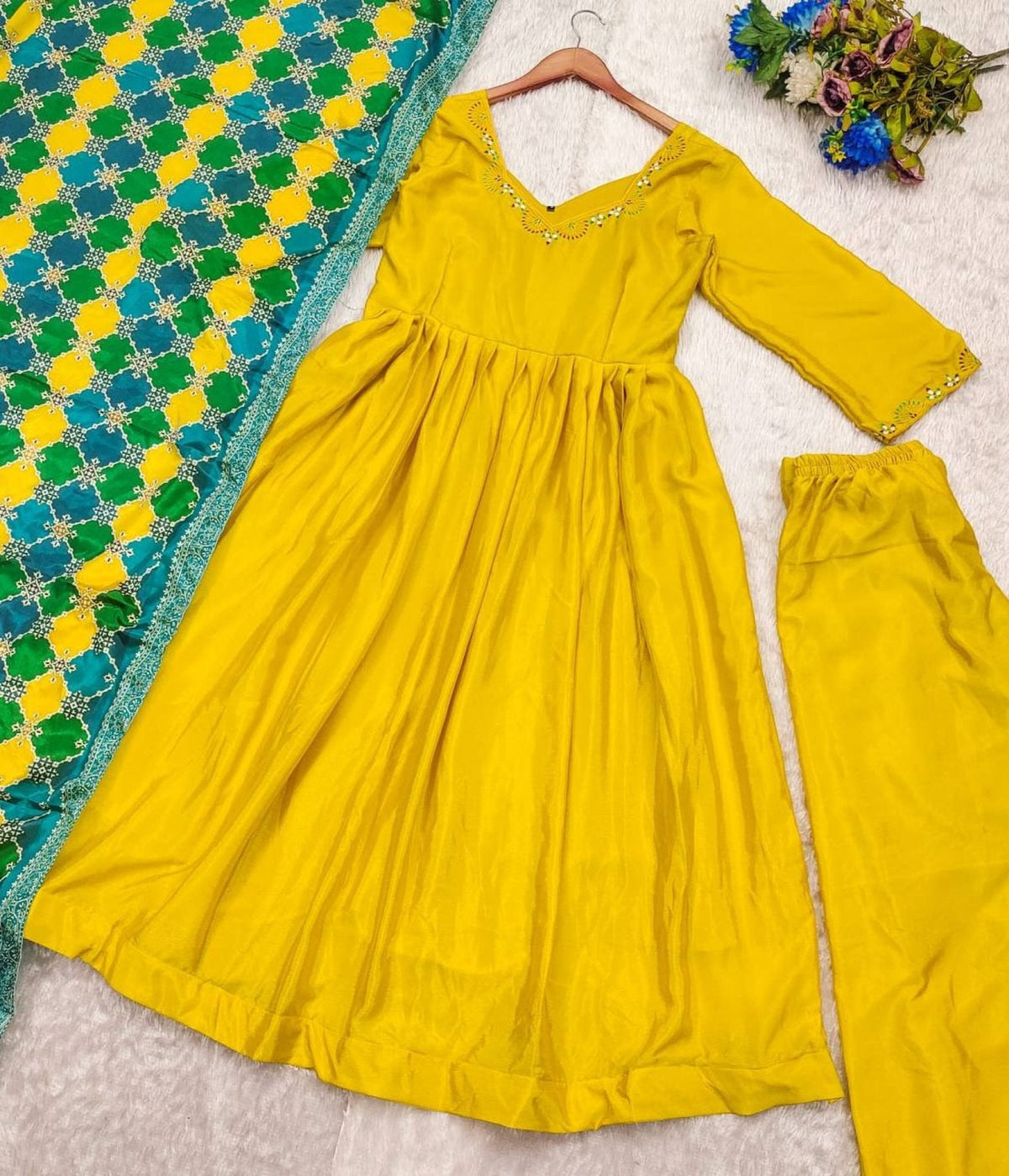Aadesh Fashion Muskan Mustard Yellow PV Chanderi Silk Flared Anarkali Suit Set